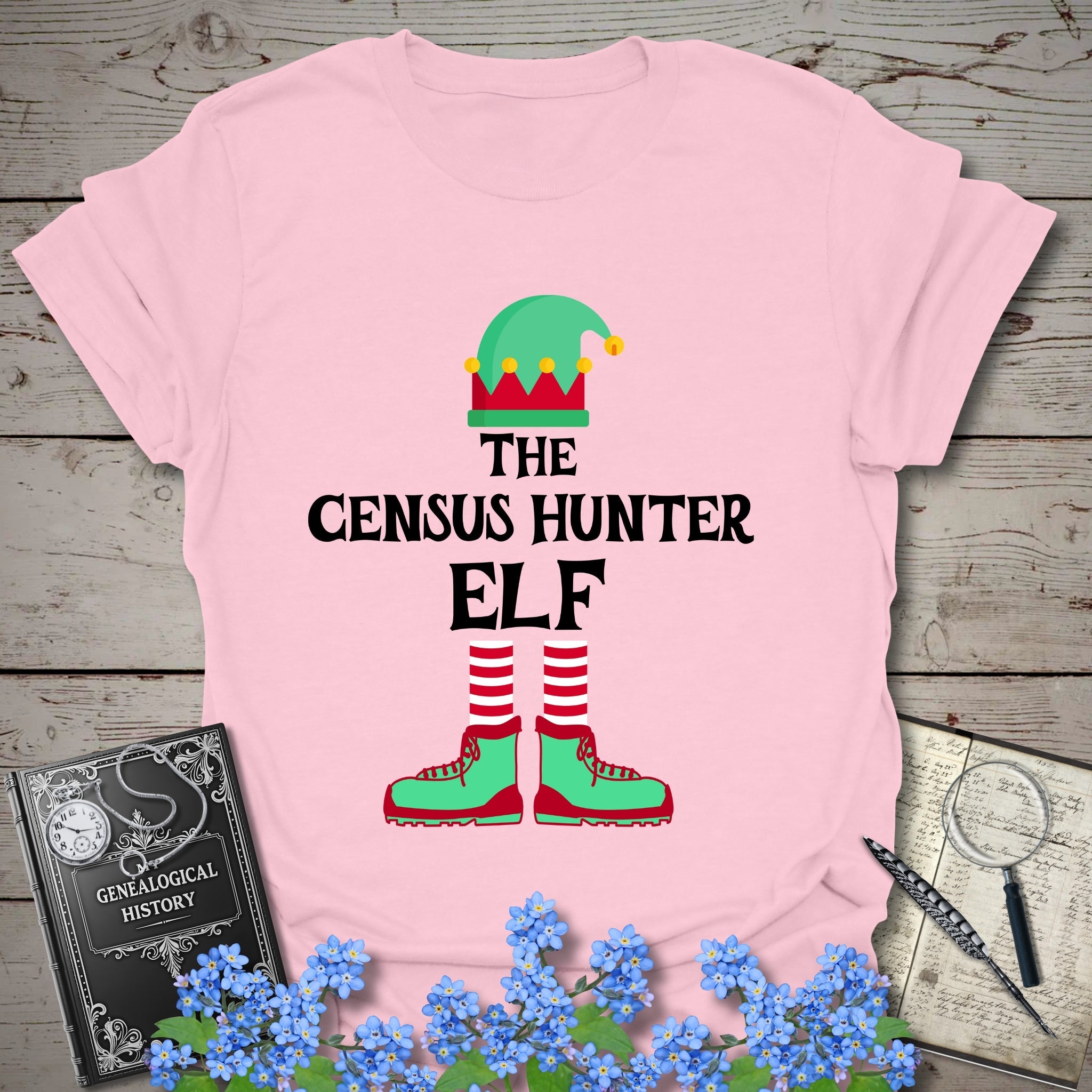 The Census Hunter Elf T-Shirt in Light Pink by Genealogy Keepsakes