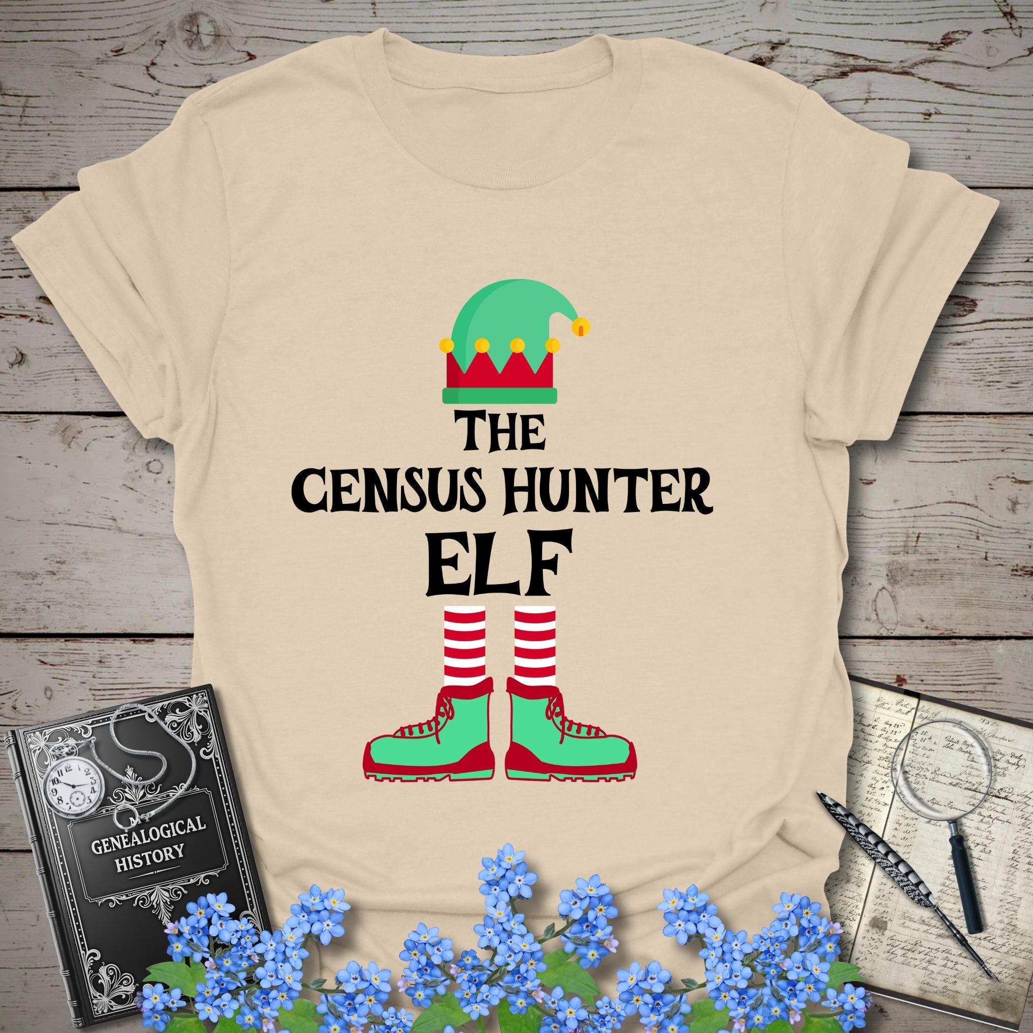 The Census Hunter Elf T-Shirt in Sand by Genealogy Keepsakes