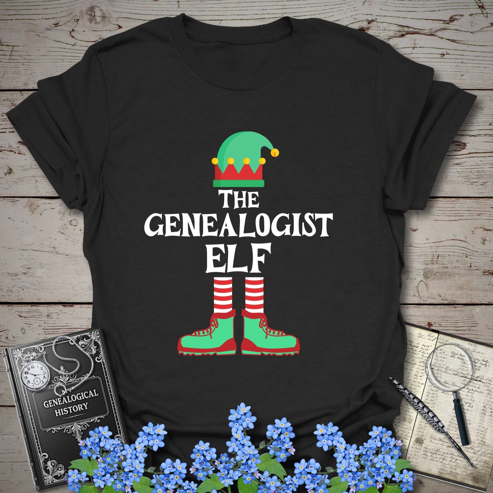 The Genealogist Elf T-Shirt in Black by Genealogy Keepsakes