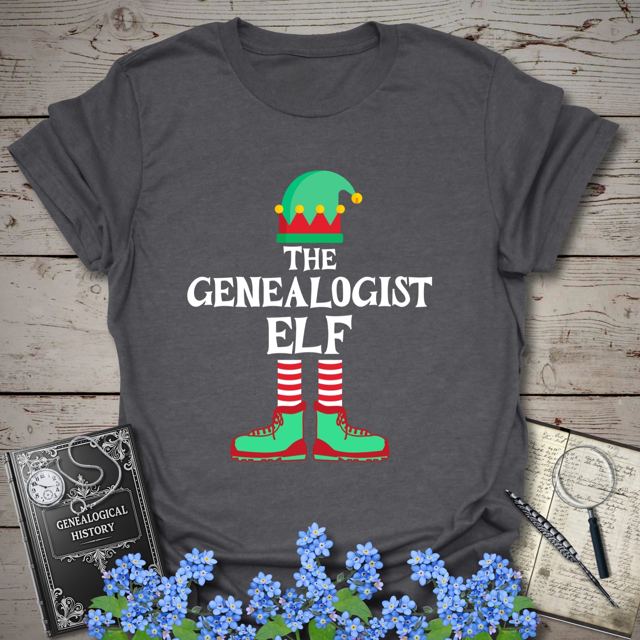 The Genealogist Elf T-Shirt in Dark Heather Grey by Genealogy Keepsakes