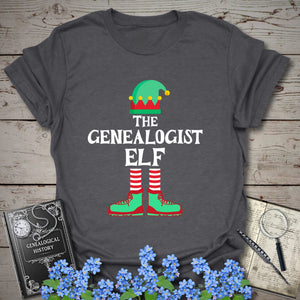 The Genealogist Elf T-Shirt in Dark Heather Grey by Genealogy Keepsakes