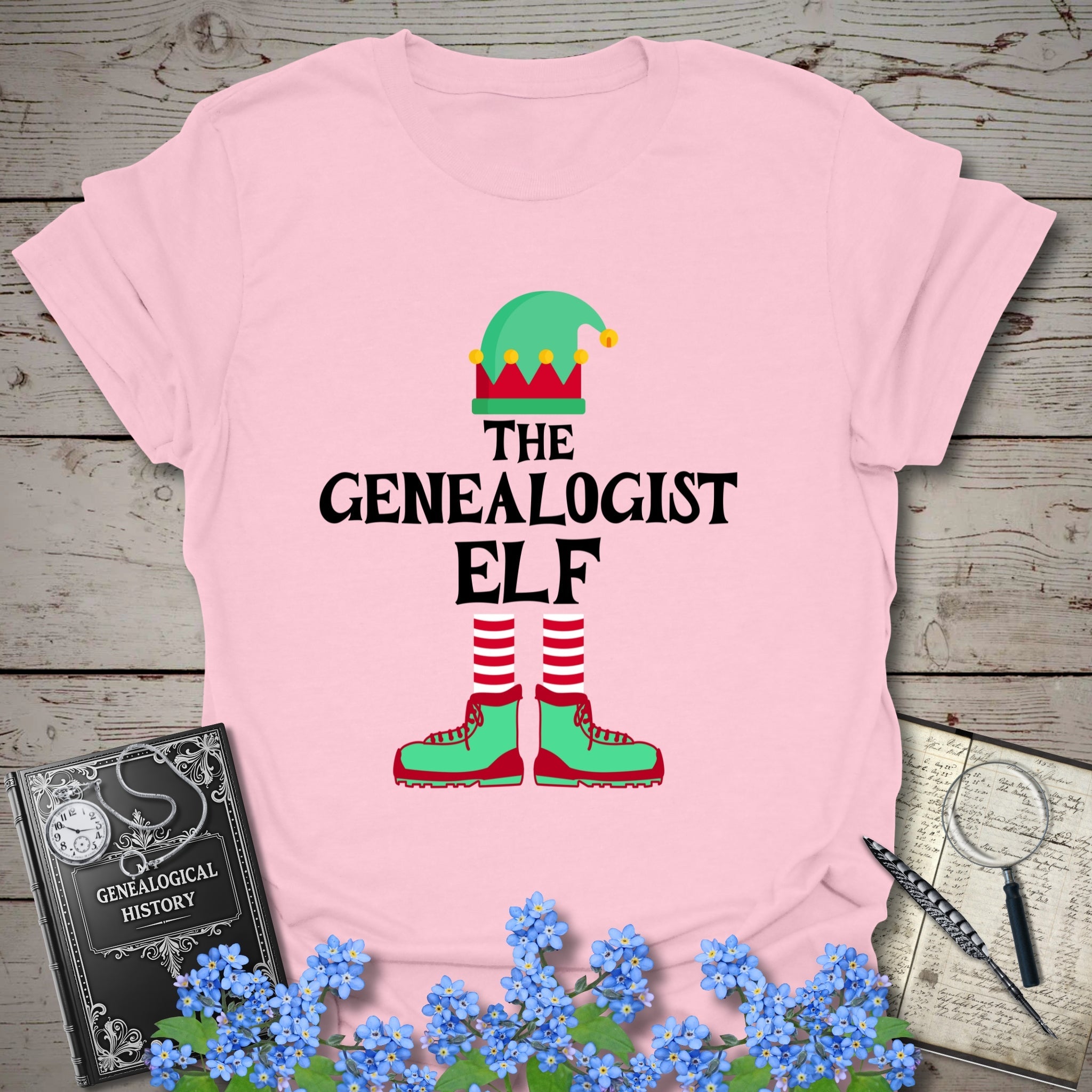 The Genealogist Elf T-Shirt in Light Pink by Genealogy Keepsakes