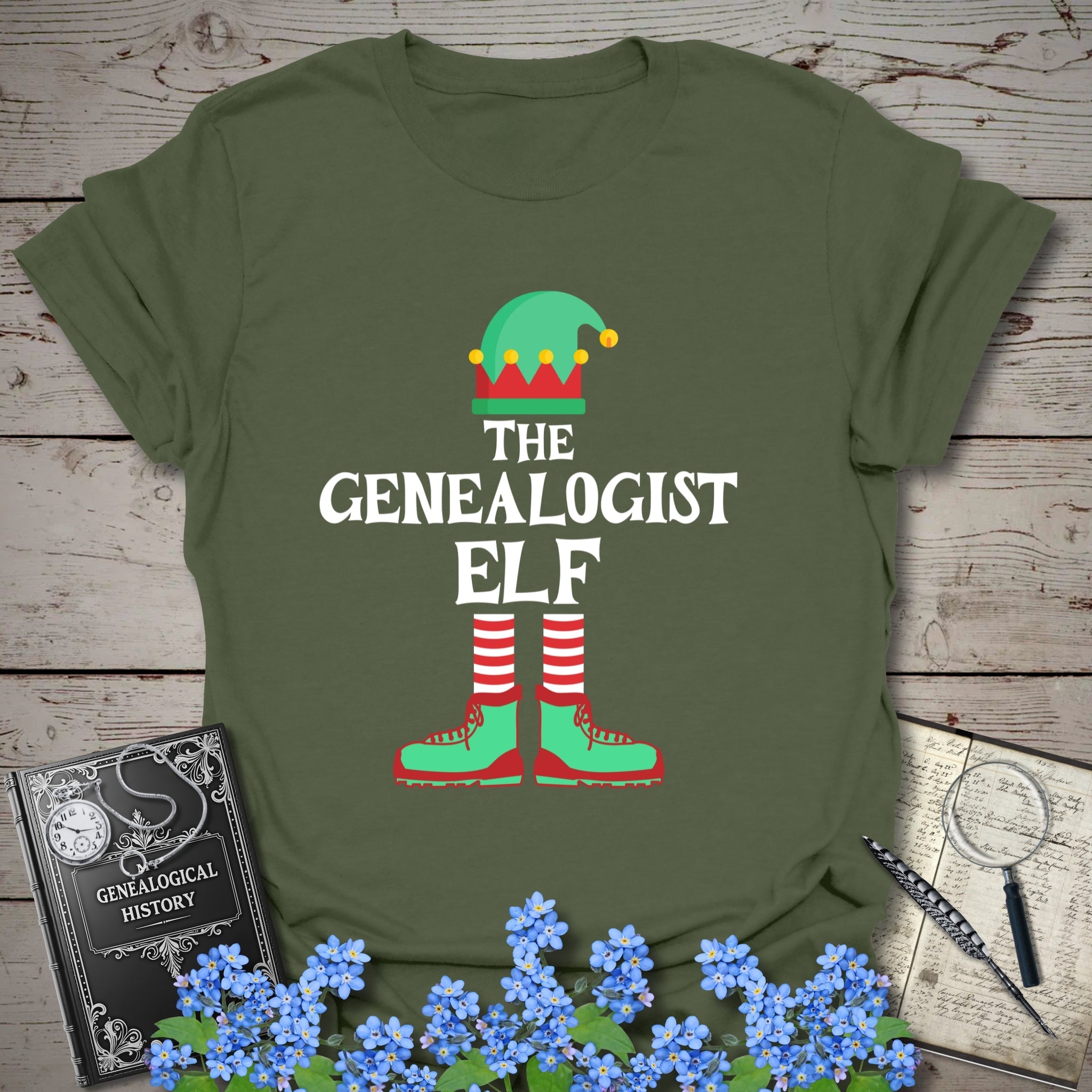 The Genealogist Elf T-Shirt in Military Green by Genealogy Keepsakes