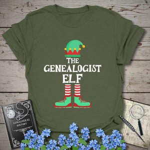 The Genealogist Elf T-Shirt in Military Green by Genealogy Keepsakes