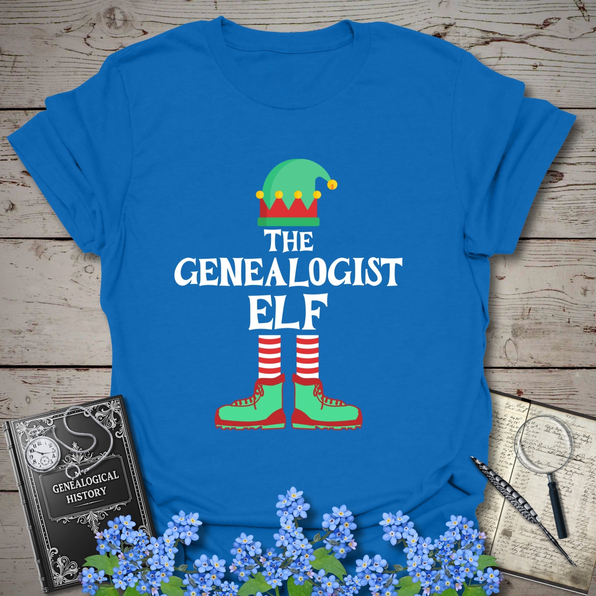 The Genealogist Elf T-Shirt in Royal by Genealogy Keepsakes