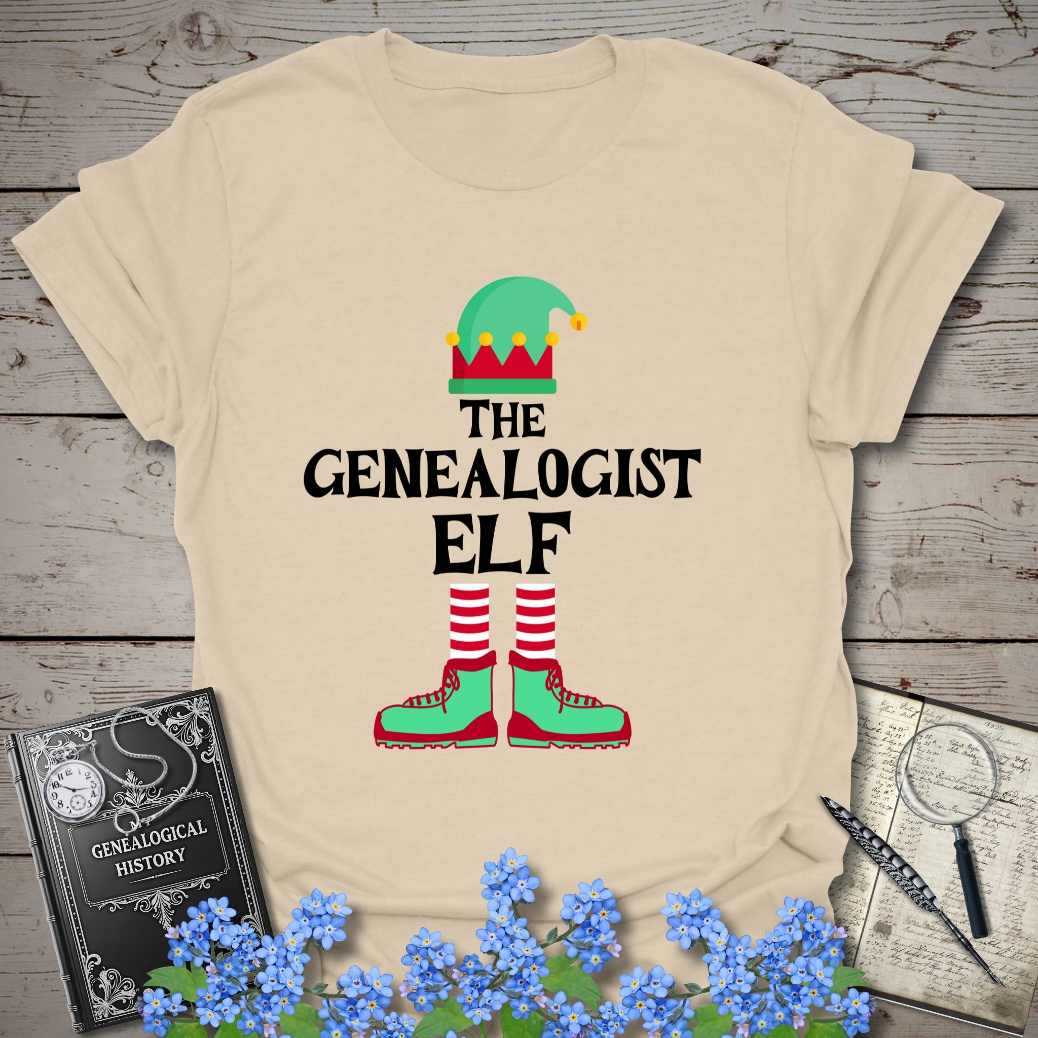 The Genealogist Elf T-Shirt in Sand by Genealogy Keepsakes