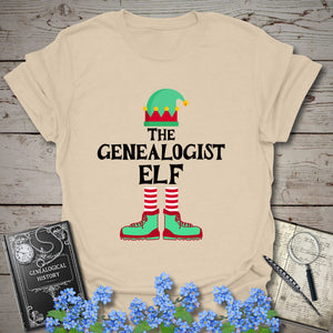 The Genealogist Elf T-Shirt in Sand by Genealogy Keepsakes