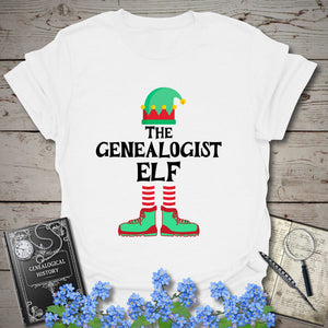 The Genealogist Elf T-Shirt in White by Genealogy Keepsakes