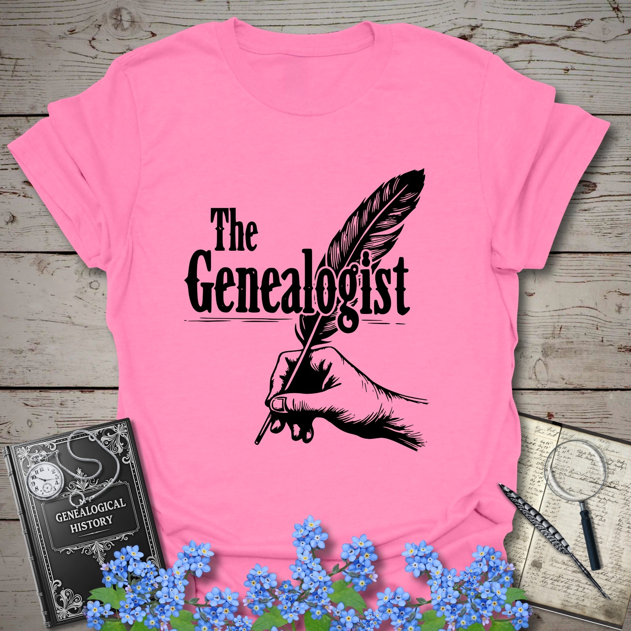 The Genealogist T-Shirt in Azalea by Genealogy Keepsakes