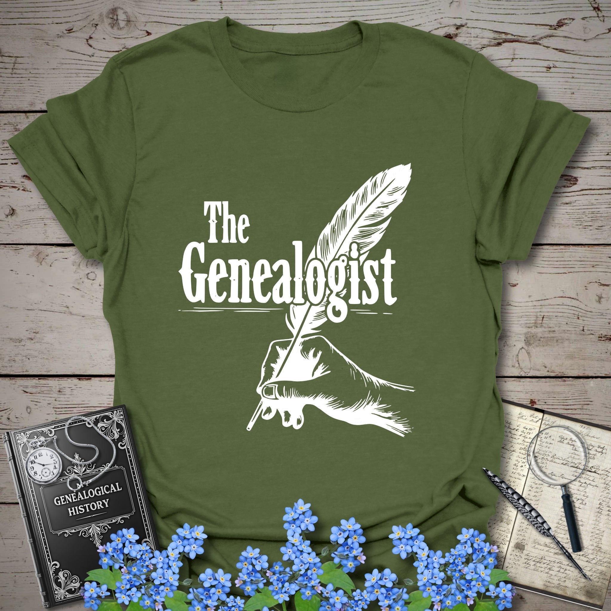 The Genealogist T-Shirt in Military Green by Genealogy Keepsakes