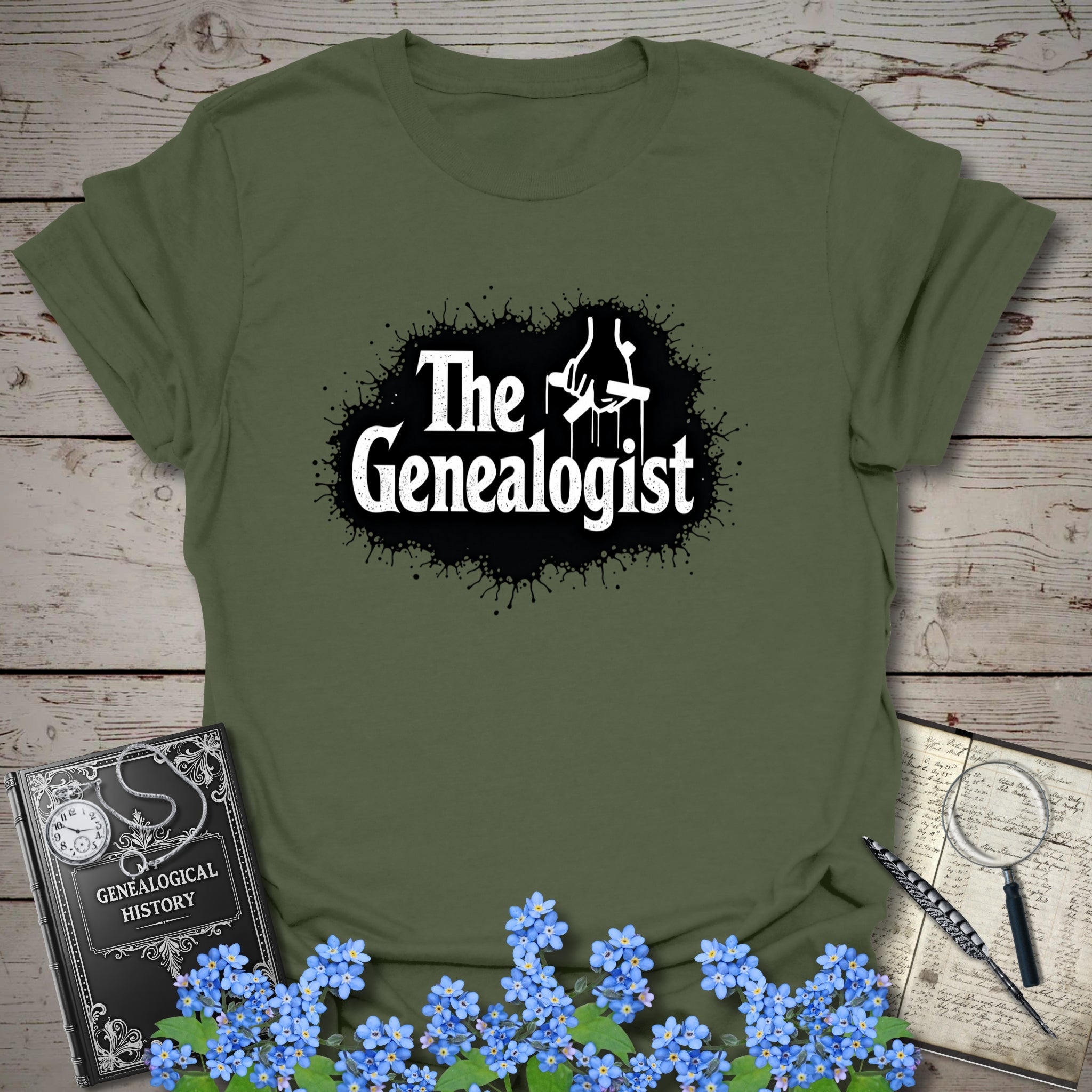 The Genealogist T-Shirt in Military Green by Genealogy Keepsakes