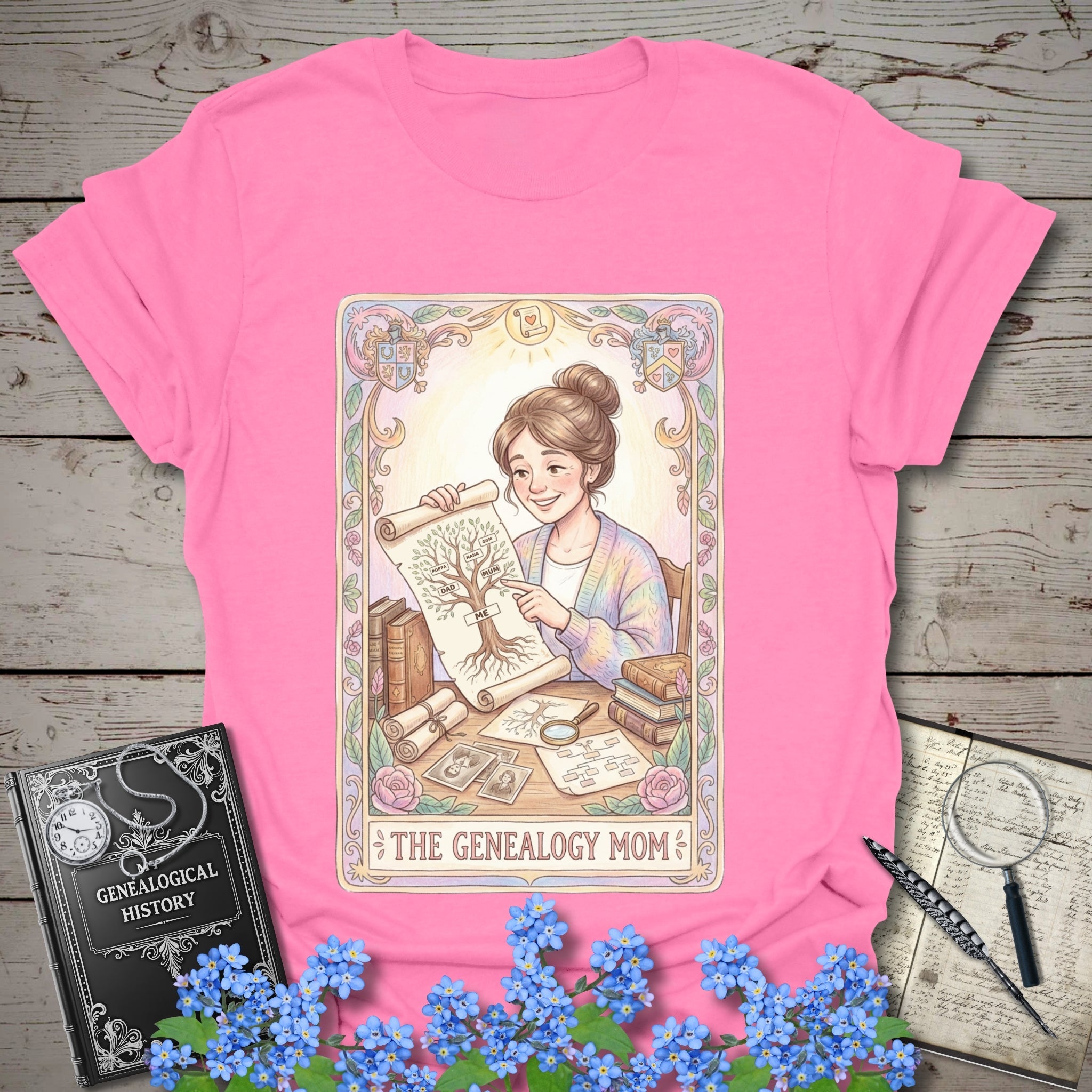 The Genealogy Mom T-Shirt in Azalea by Genealogy Keepsakes