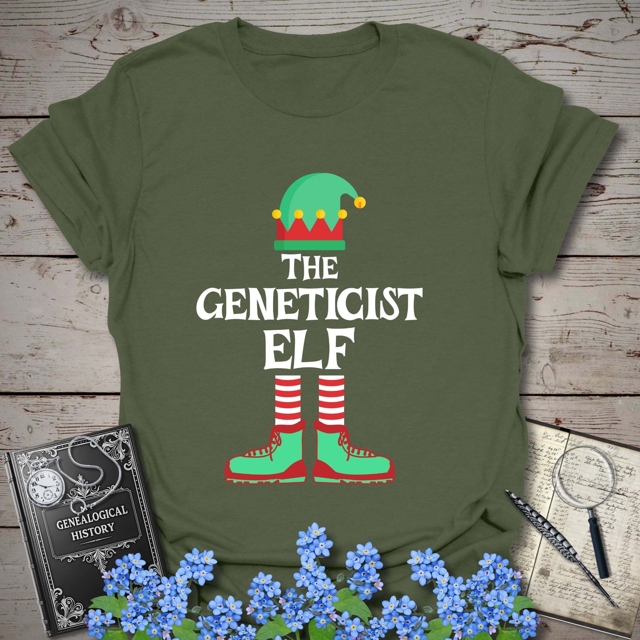 The Geneticist Elf T-Shirt in Military Green by Genealogy Keepsakes