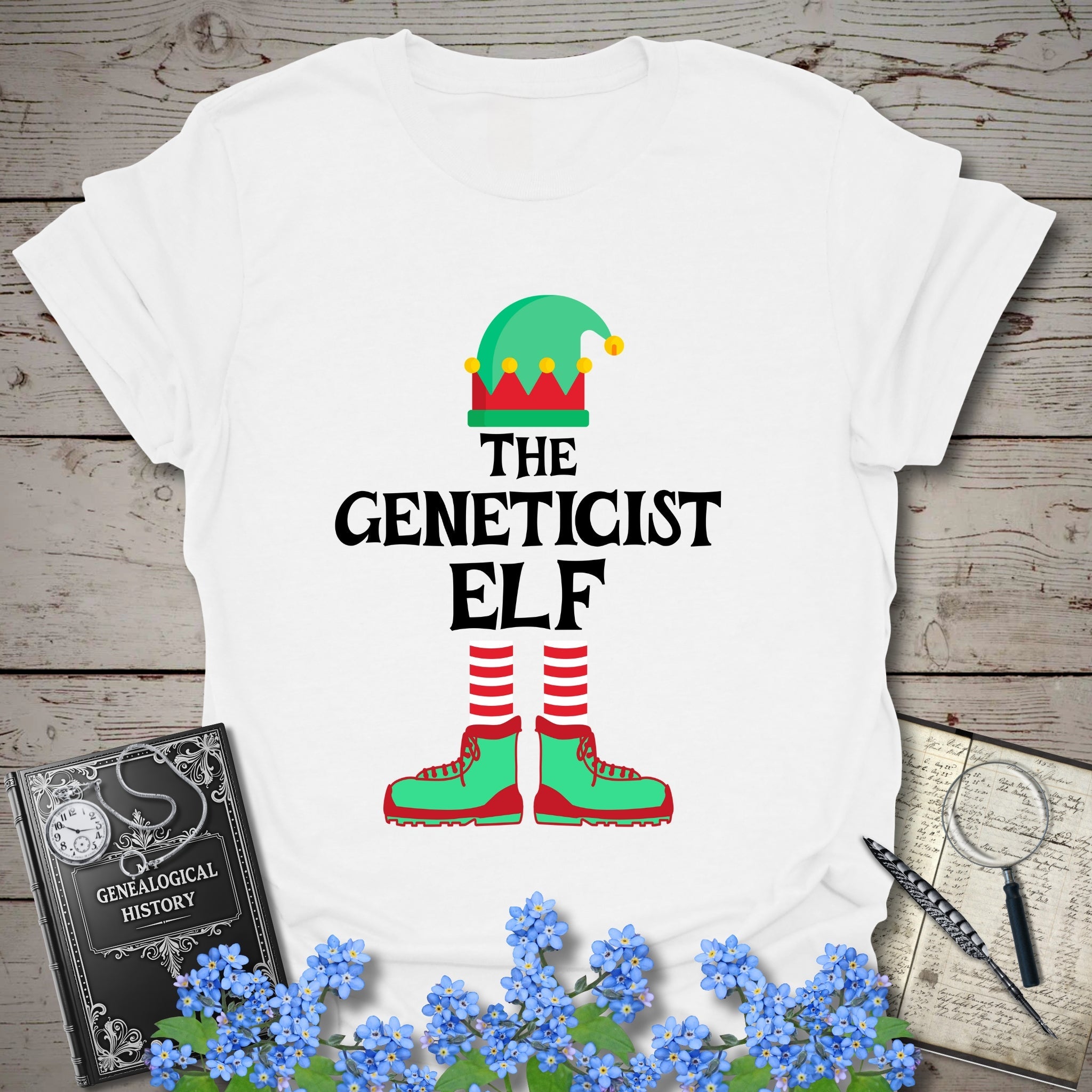 The Geneticist Elf T-Shirt in White by Genealogy Keepsakes