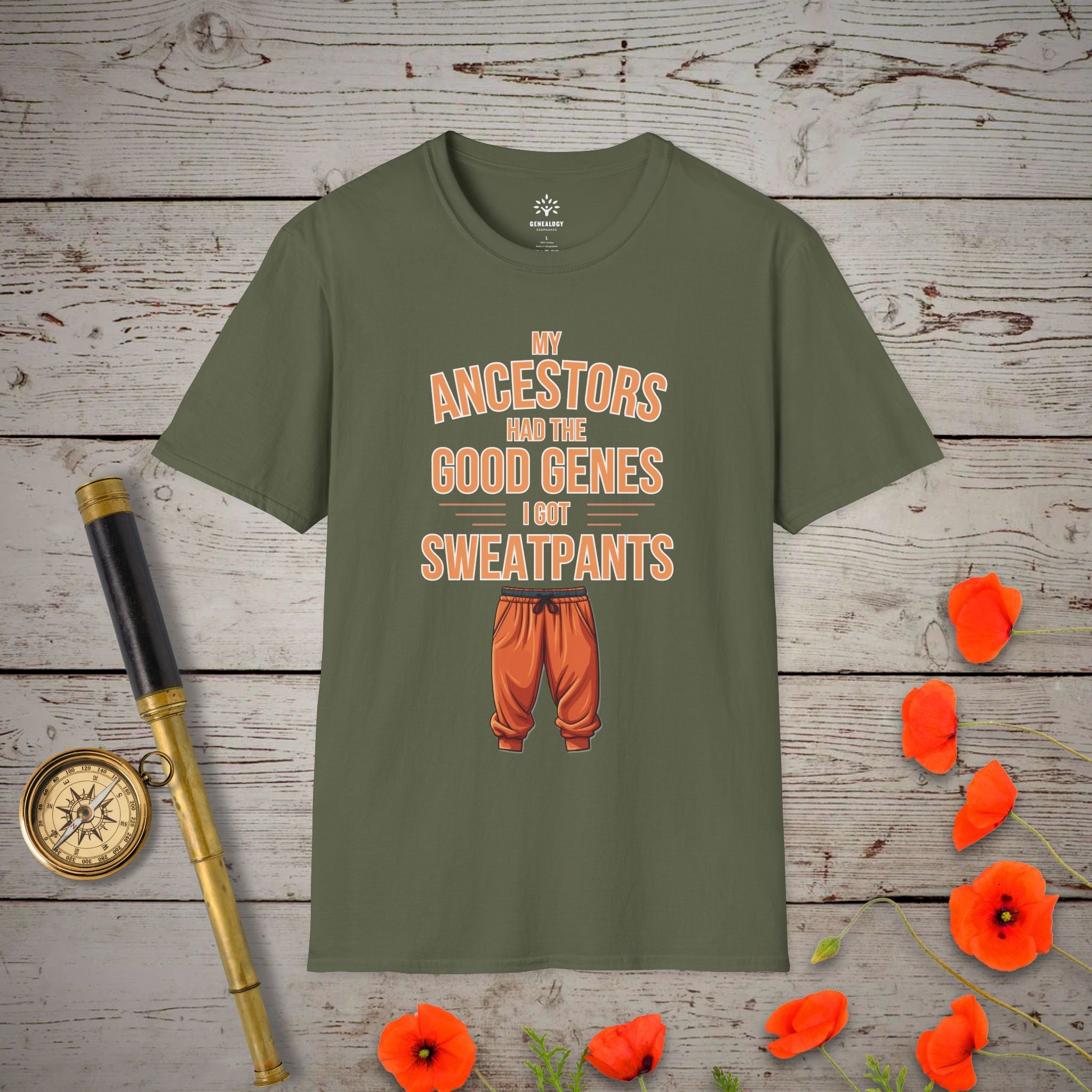 The Good Genes T-Shirt in Military Green by Genealogy Keepsakes