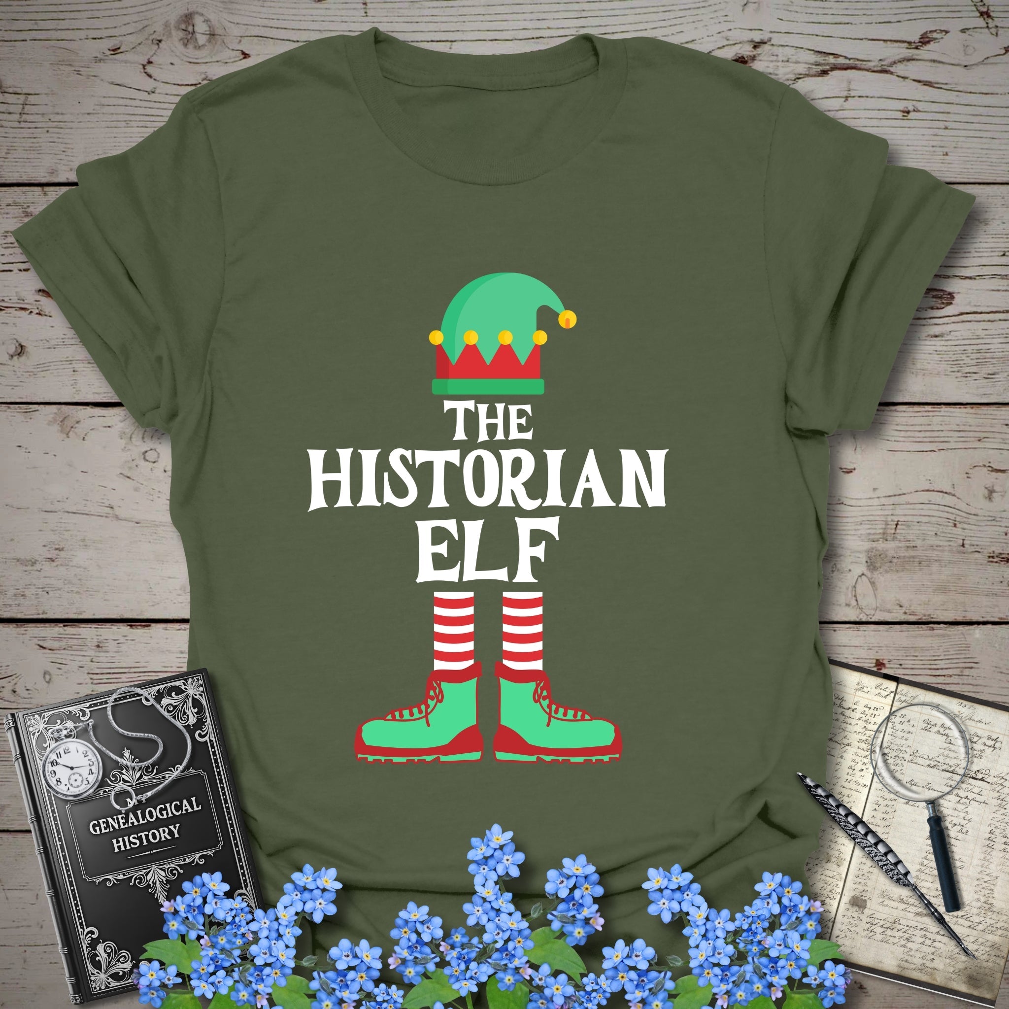 The Historian Elf T-Shirt in Military Green by Genealogy Keepsakes