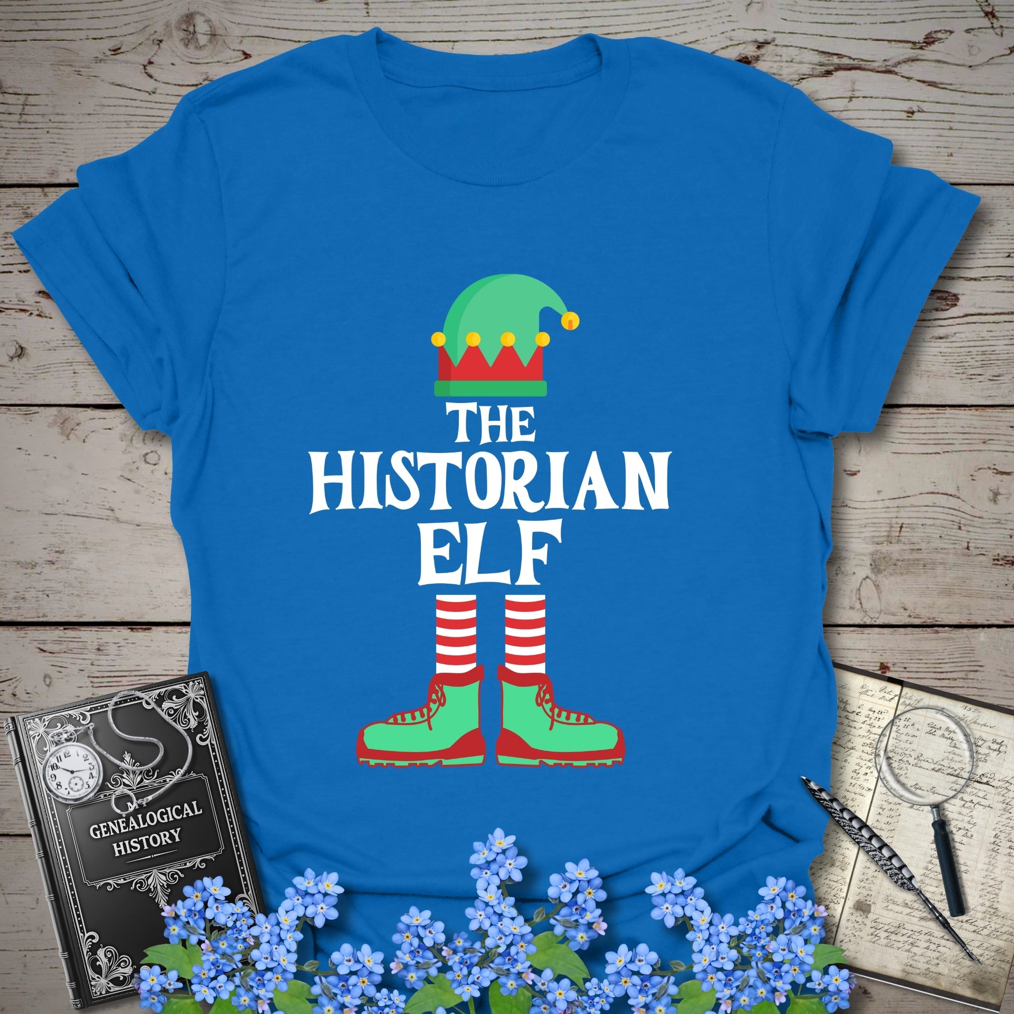 The Historian Elf T-Shirt in Royal by Genealogy Keepsakes