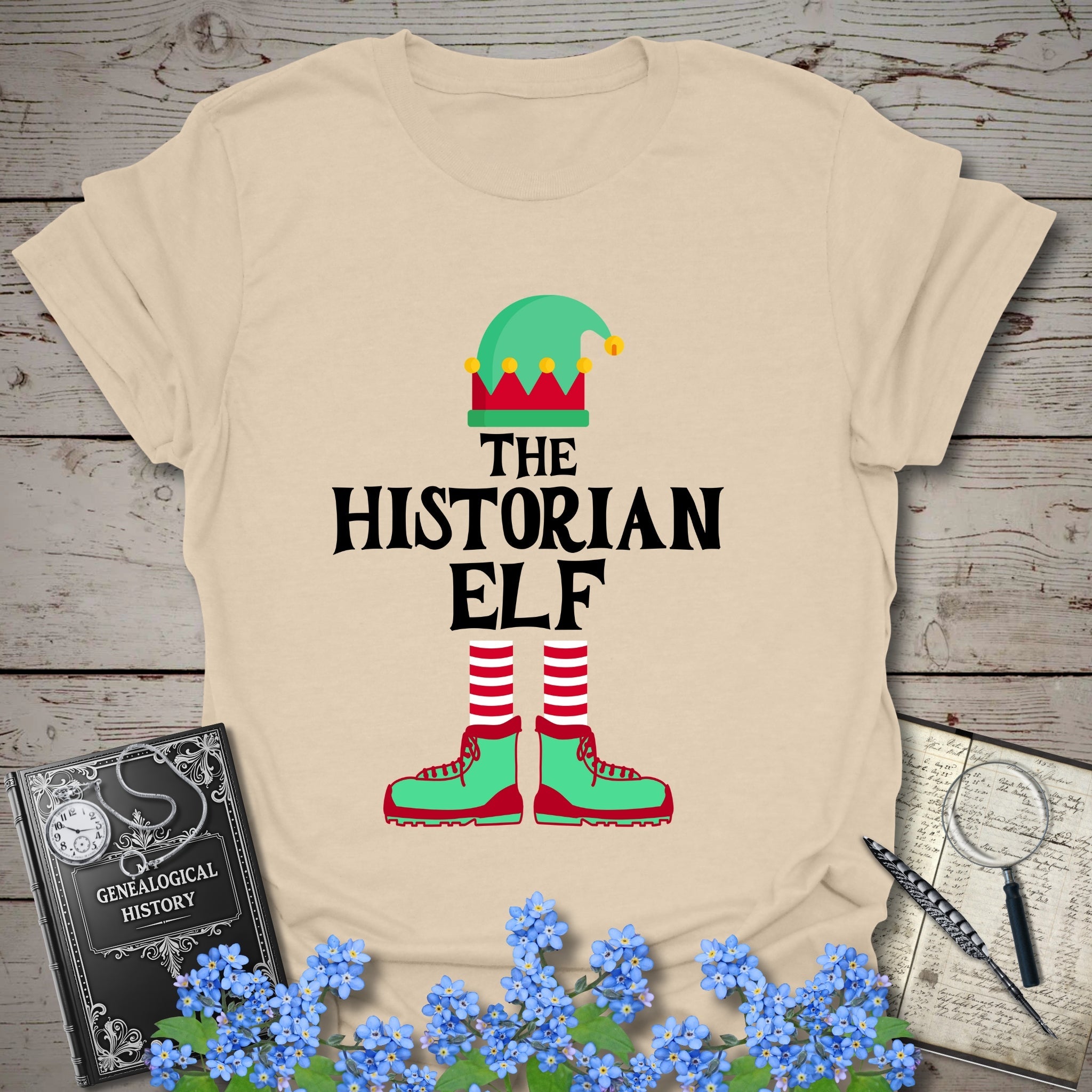 The Historian Elf T-Shirt in Sand by Genealogy Keepsakes