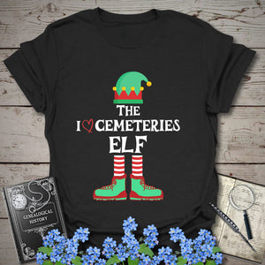 The I Love Cemeteries Elf T-Shirt in Black by Genealogy Keepsakes