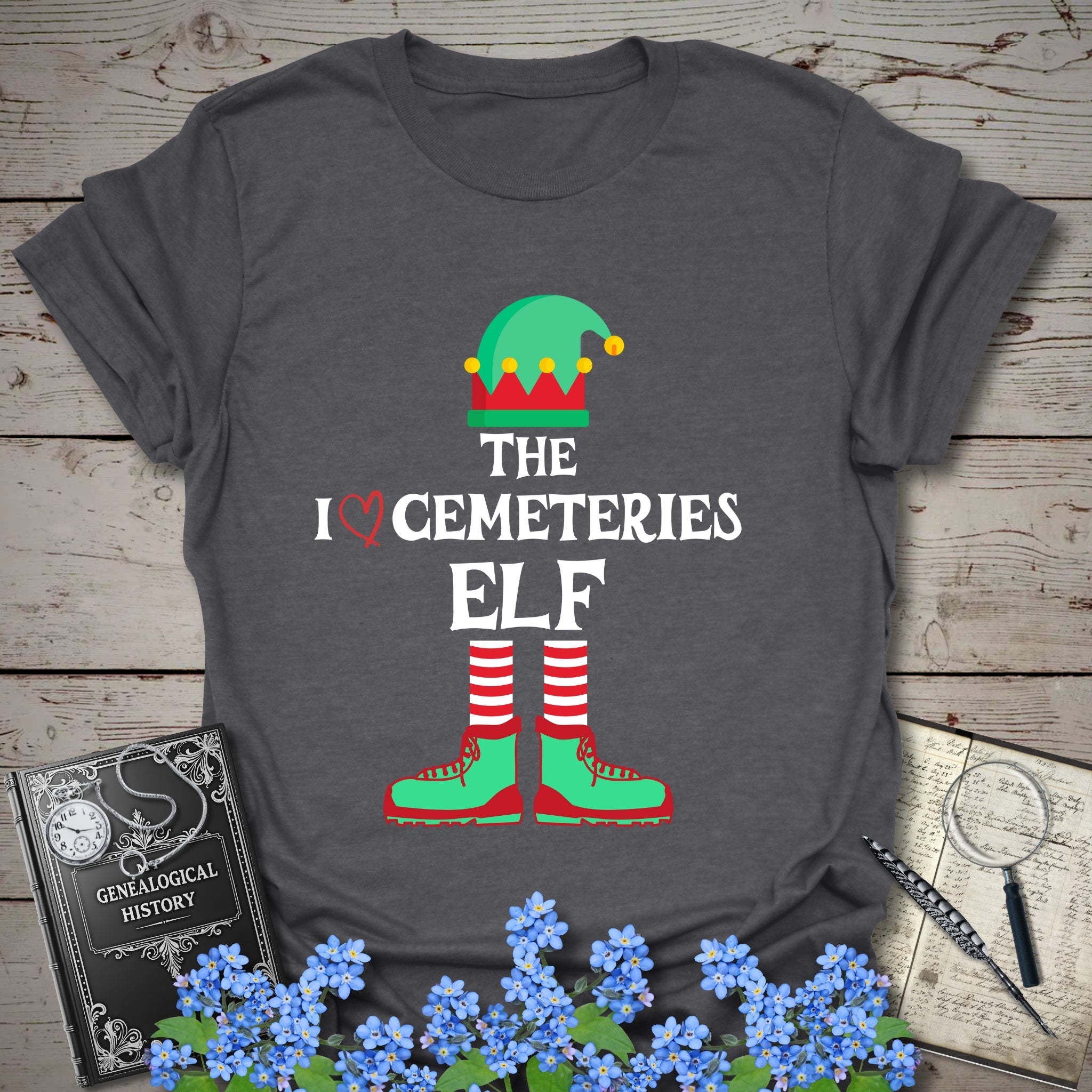 The I Love Cemeteries Elf T-Shirt in Dark Heather Grey by Genealogy Keepsakes