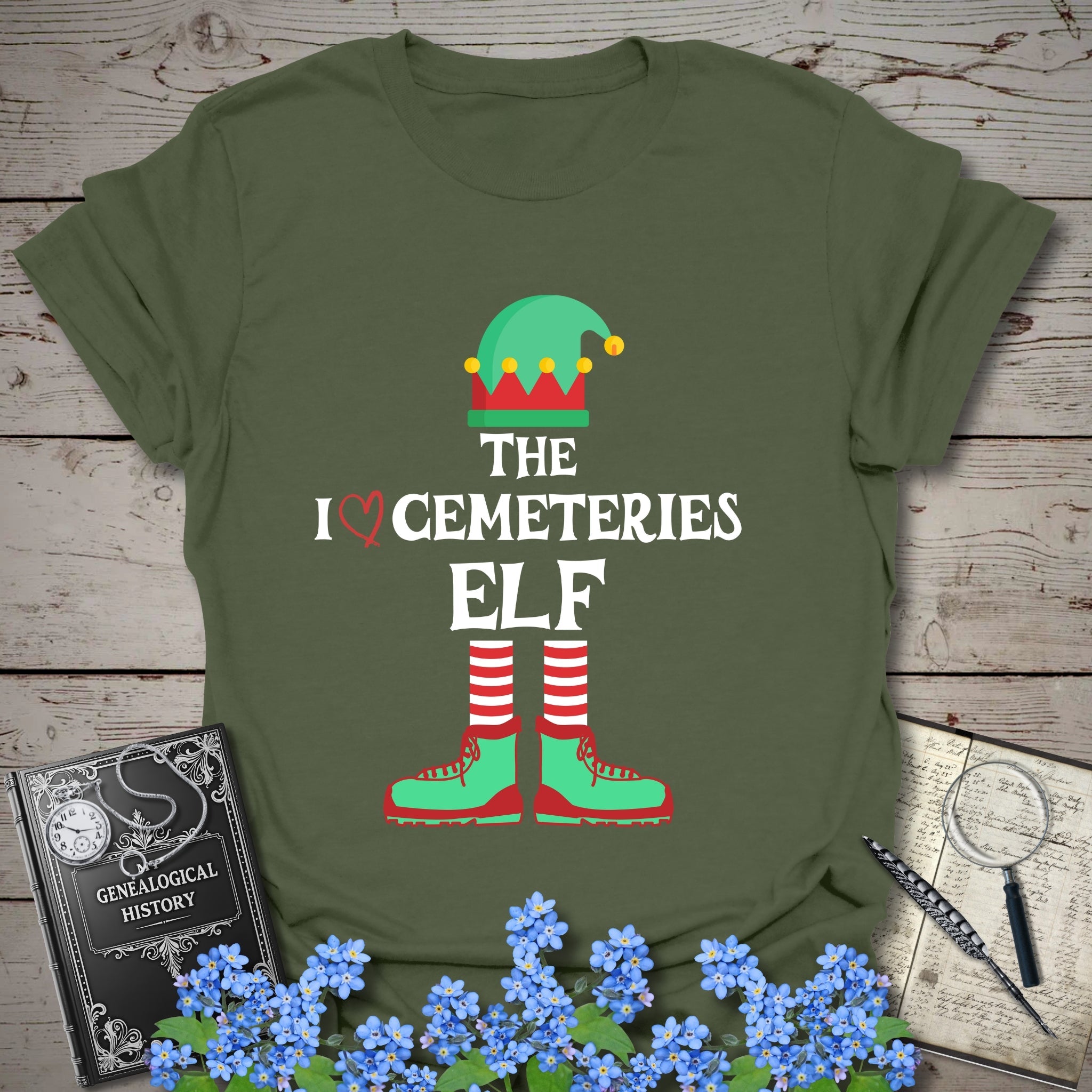 The I Love Cemeteries Elf T-Shirt in Military Green by Genealogy Keepsakes