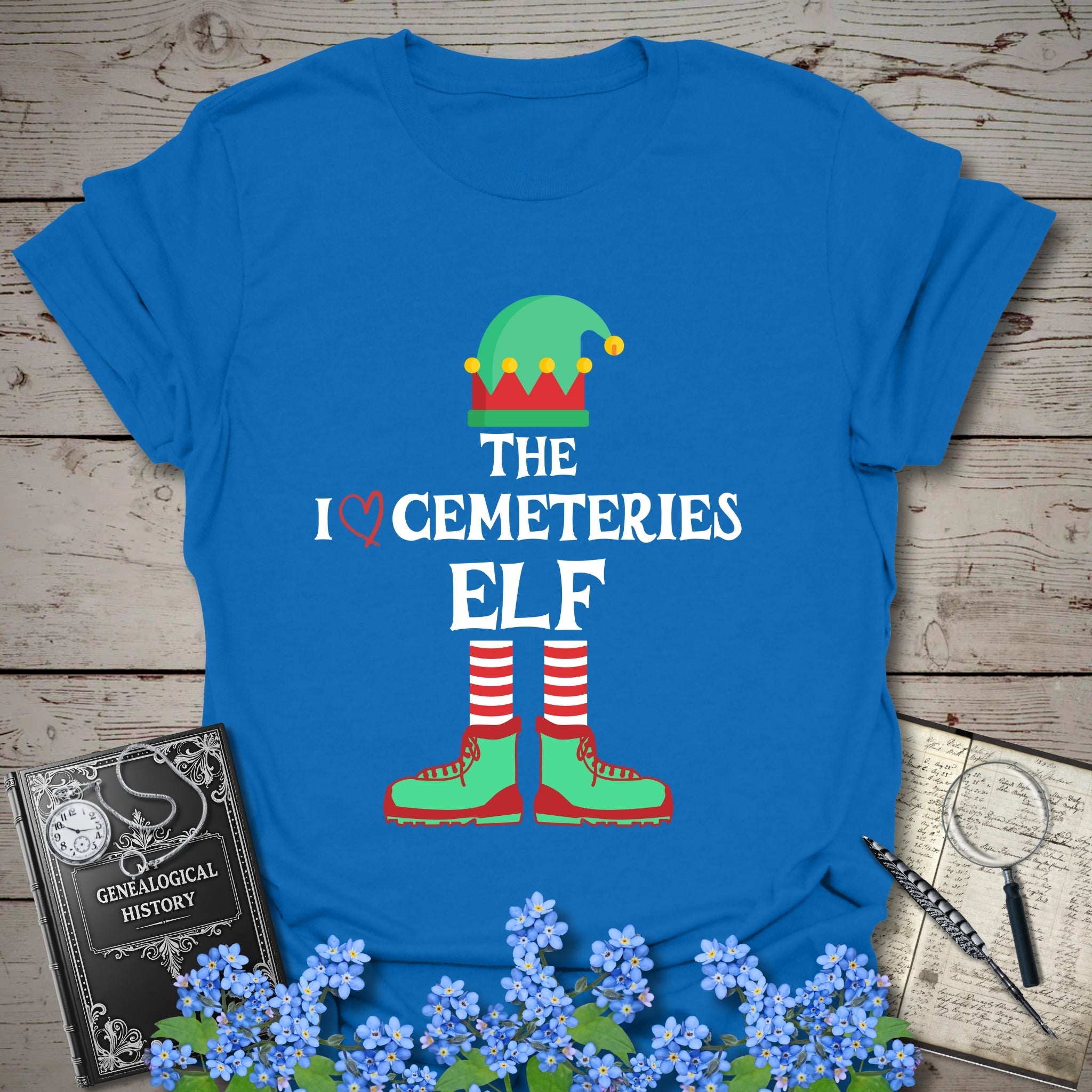 The I Love Cemeteries Elf T-Shirt in Royal by Genealogy Keepsakes