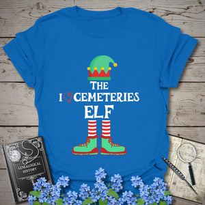 The I Love Cemeteries Elf T-Shirt in Royal by Genealogy Keepsakes