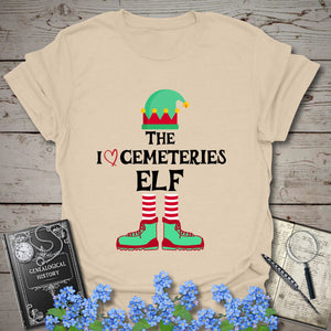 The I Love Cemeteries Elf T-Shirt in Sand by Genealogy Keepsakes