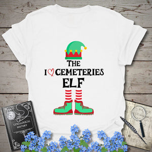 The I Love Cemeteries Elf T-Shirt in White by Genealogy Keepsakes