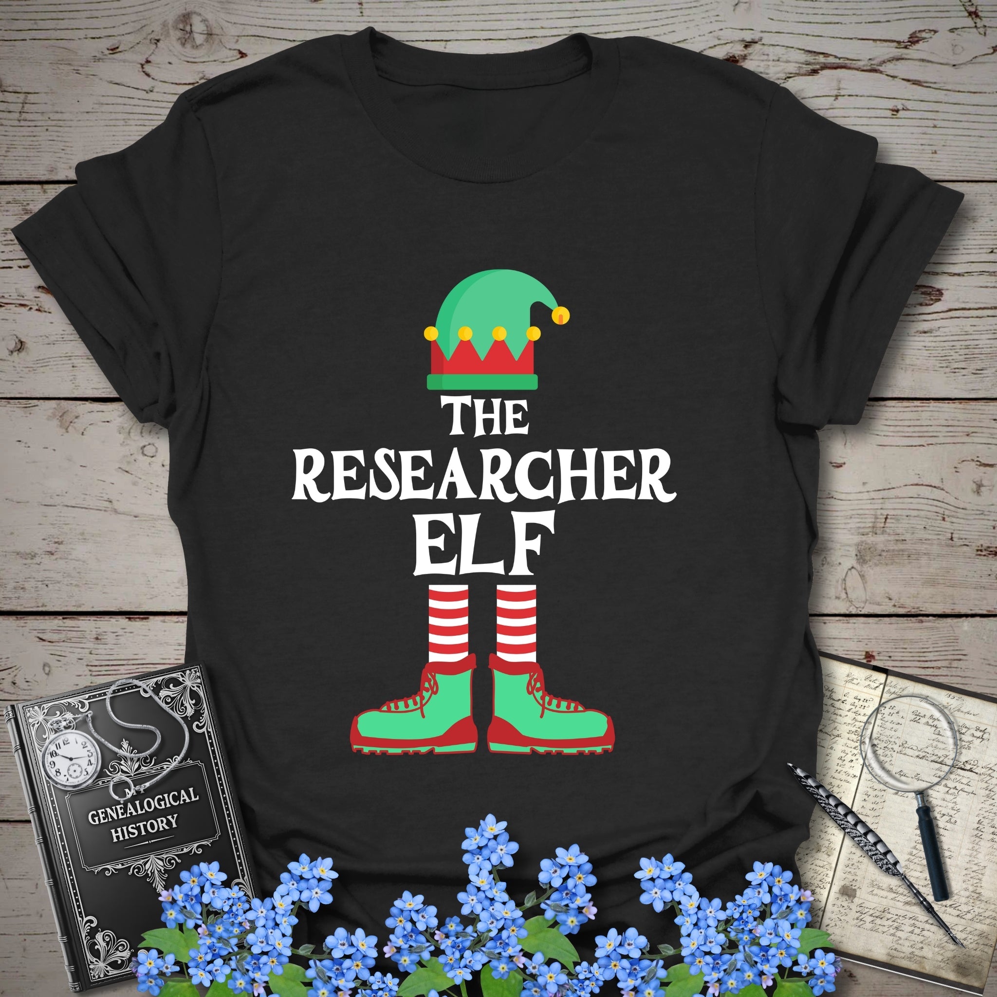 The Researcher Elf T-Shirt in Black by Genealogy Keepsakes