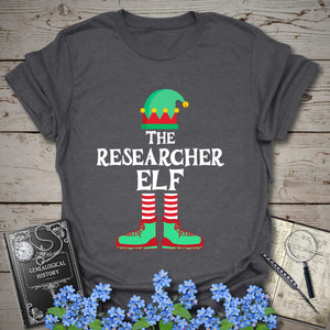 The Researcher Elf T-Shirt in Dark Heather Grey by Genealogy Keepsakes
