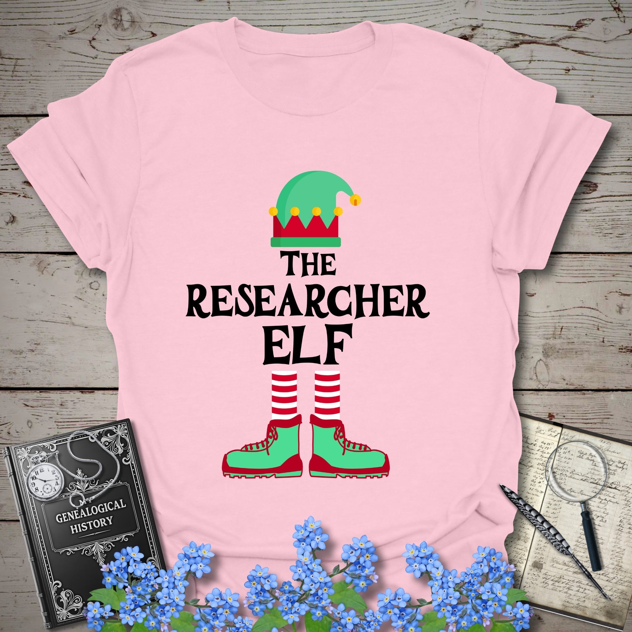 The Researcher Elf T-Shirt in Light Pink by Genealogy Keepsakes