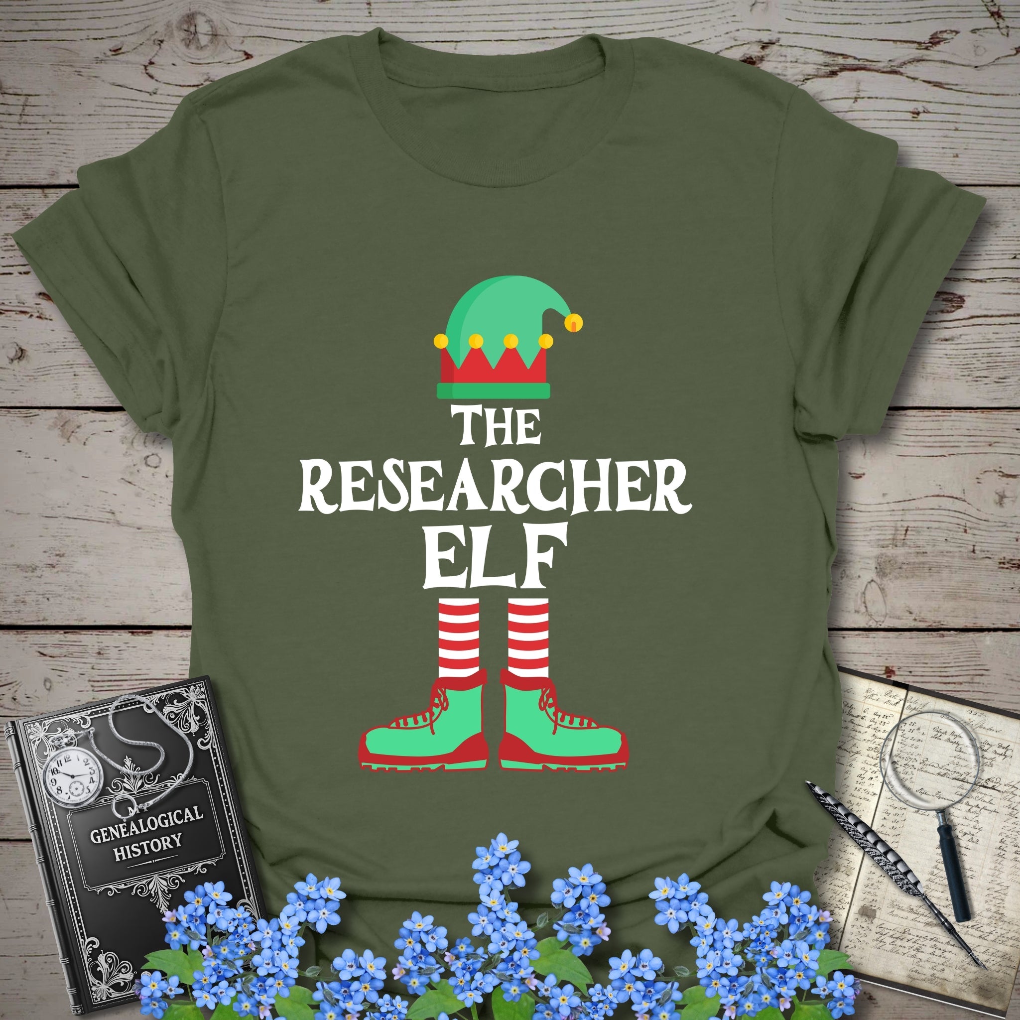 The Researcher Elf T-Shirt in Military Green by Genealogy Keepsakes