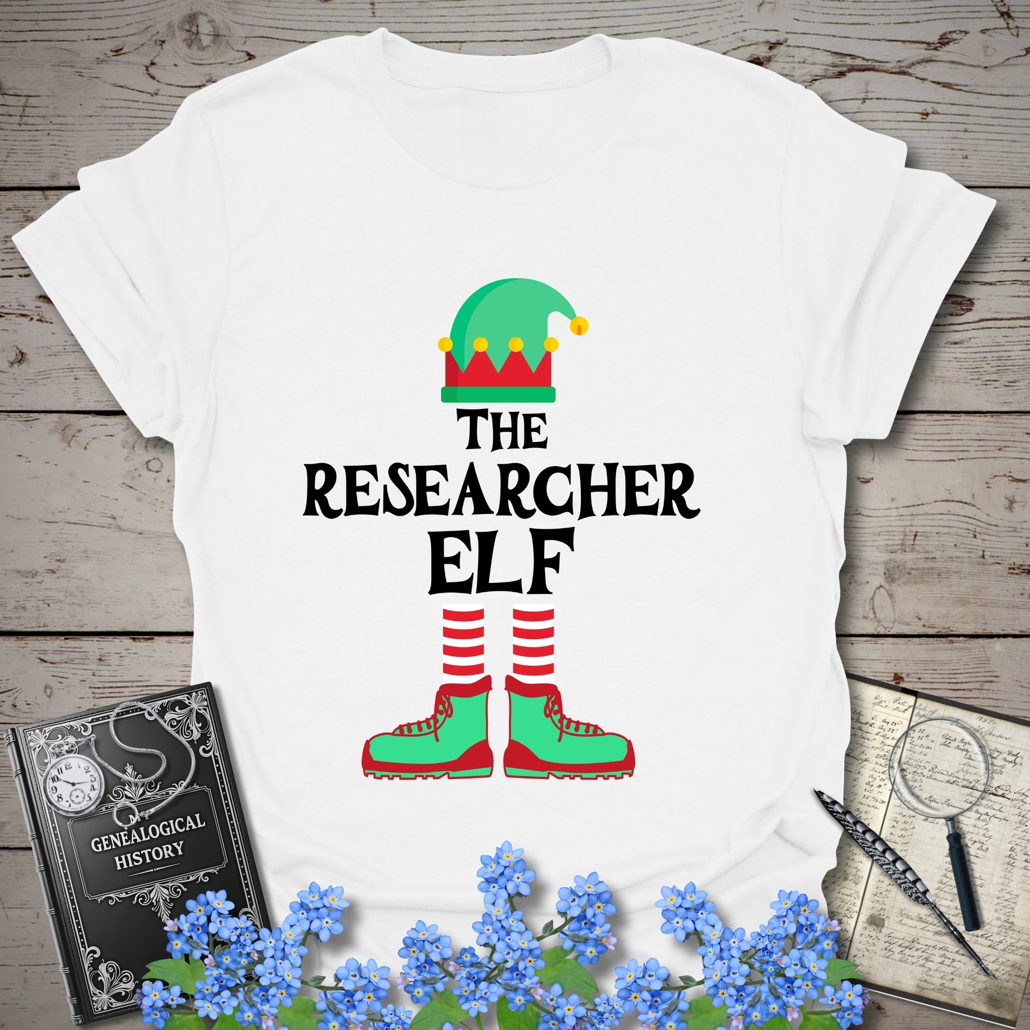 The Researcher Elf T-Shirt in White by Genealogy Keepsakes