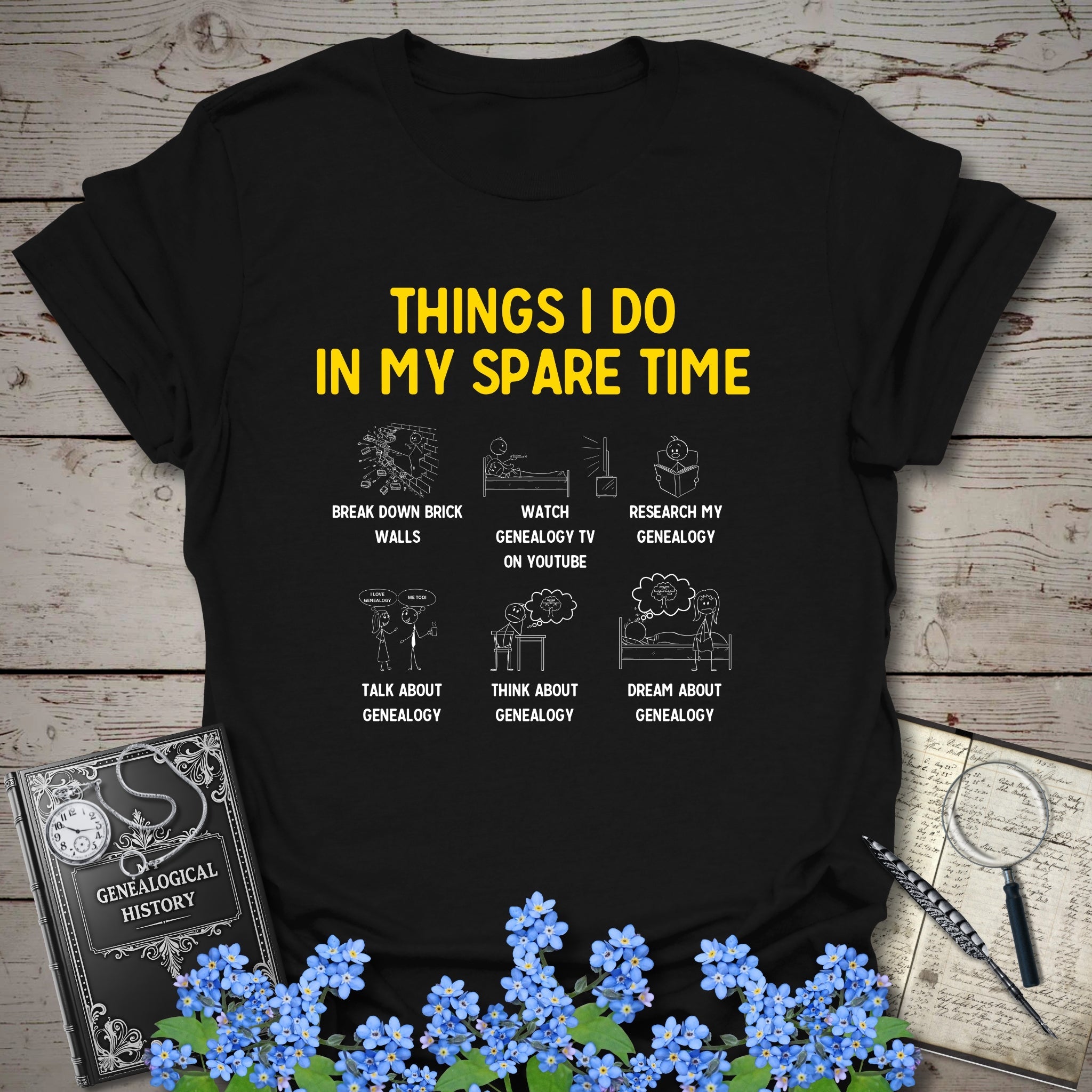 Things I Do In My Spare Time T-Shirt in Black by Genealogy Keepsakes