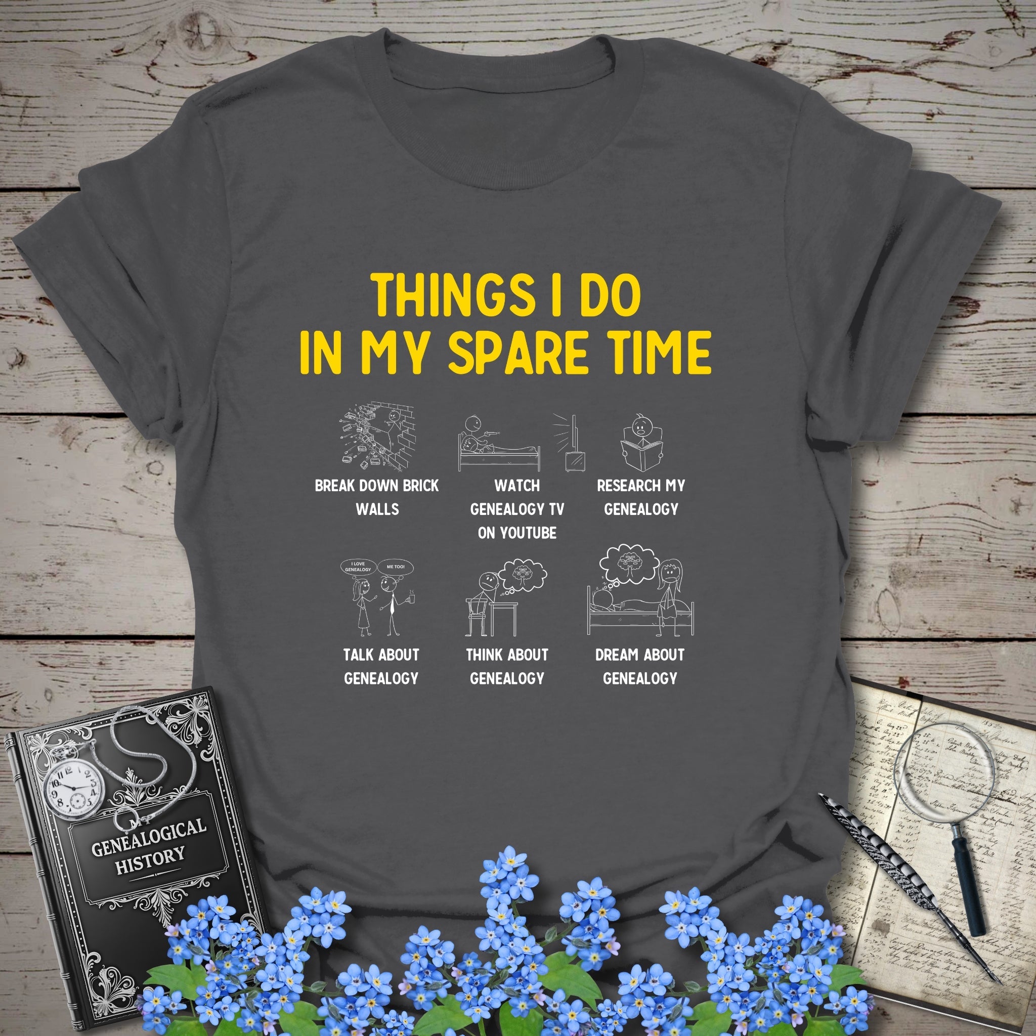 Things I Do In My Spare Time T-Shirt in Charcoal by Genealogy Keepsakes