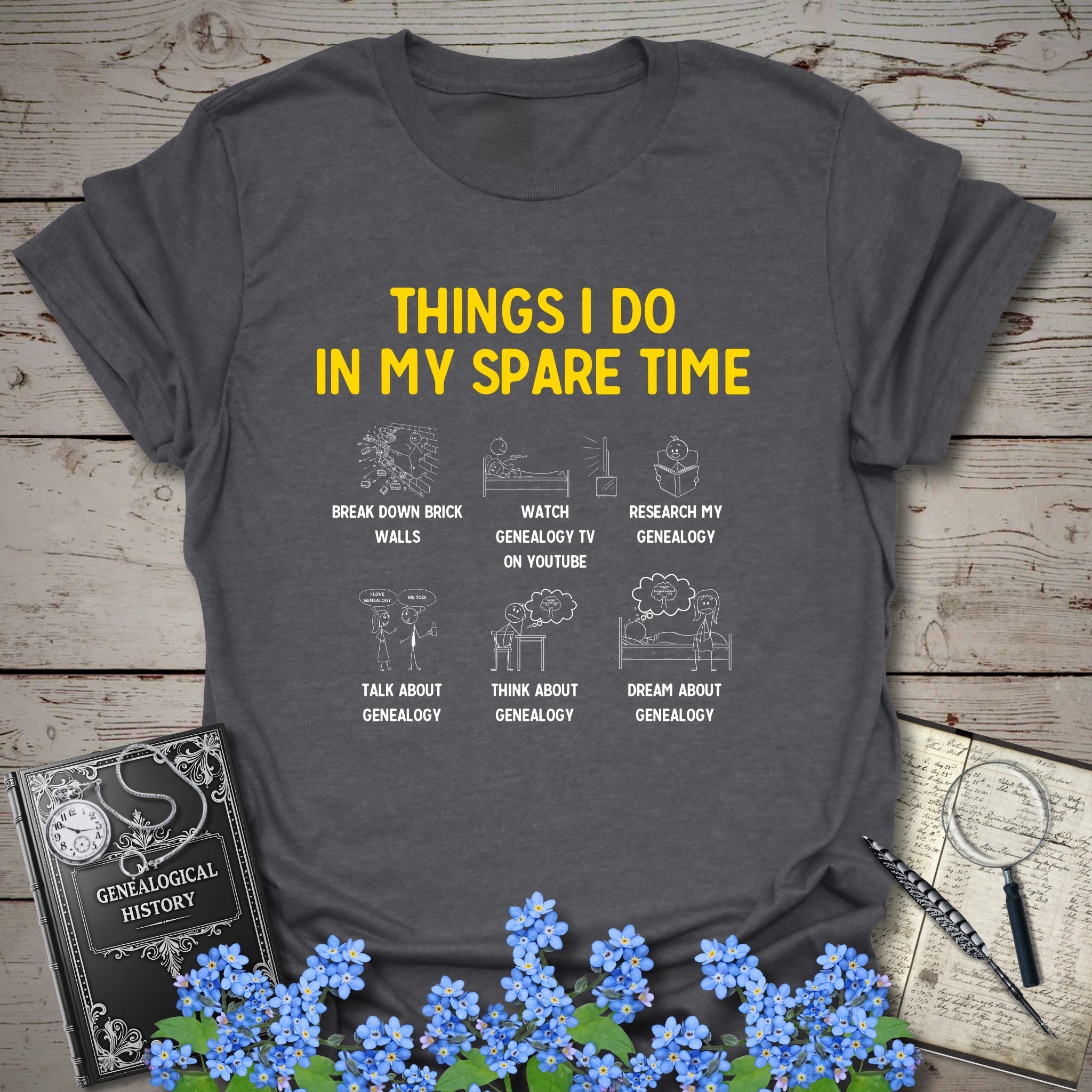 Things I Do In My Spare Time T-Shirt in Dark Heather Grey by Genealogy Keepsakes