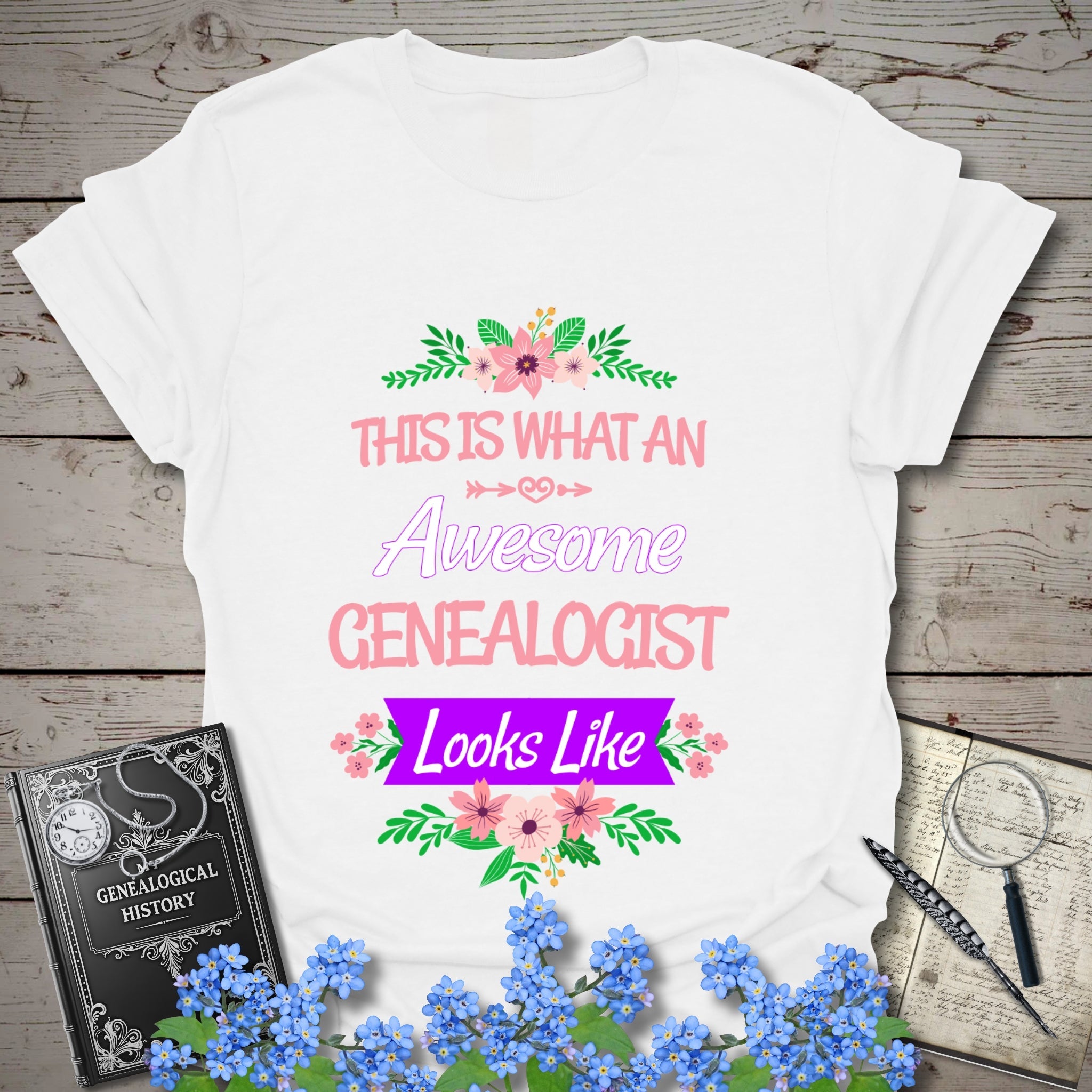 This Is What An Awesome Genealogist Looks Like T-Shirt in White by Genealogy Keepsakes