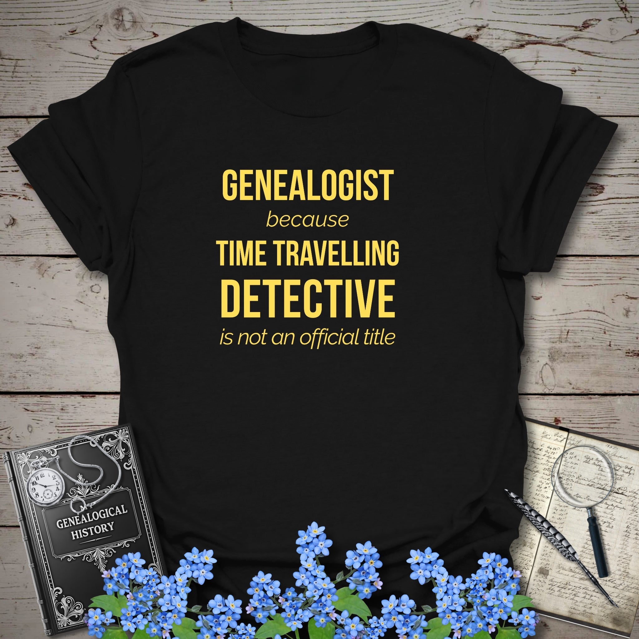 Time Travelling Detective T-Shirt in Black by Genealogy Keepsakes