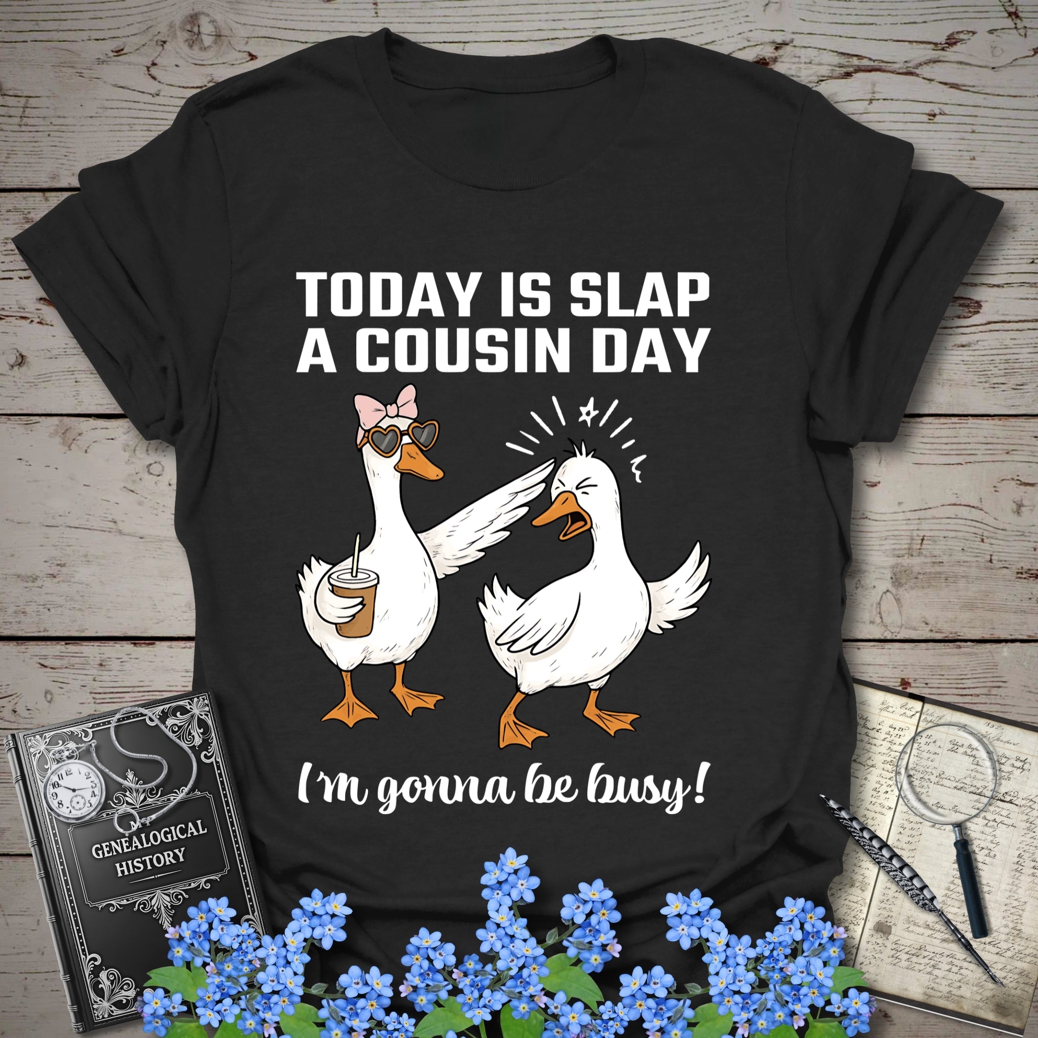Today Is Slap A Cousin Day T-Shirt in Black by Genealogy Keepsakes
