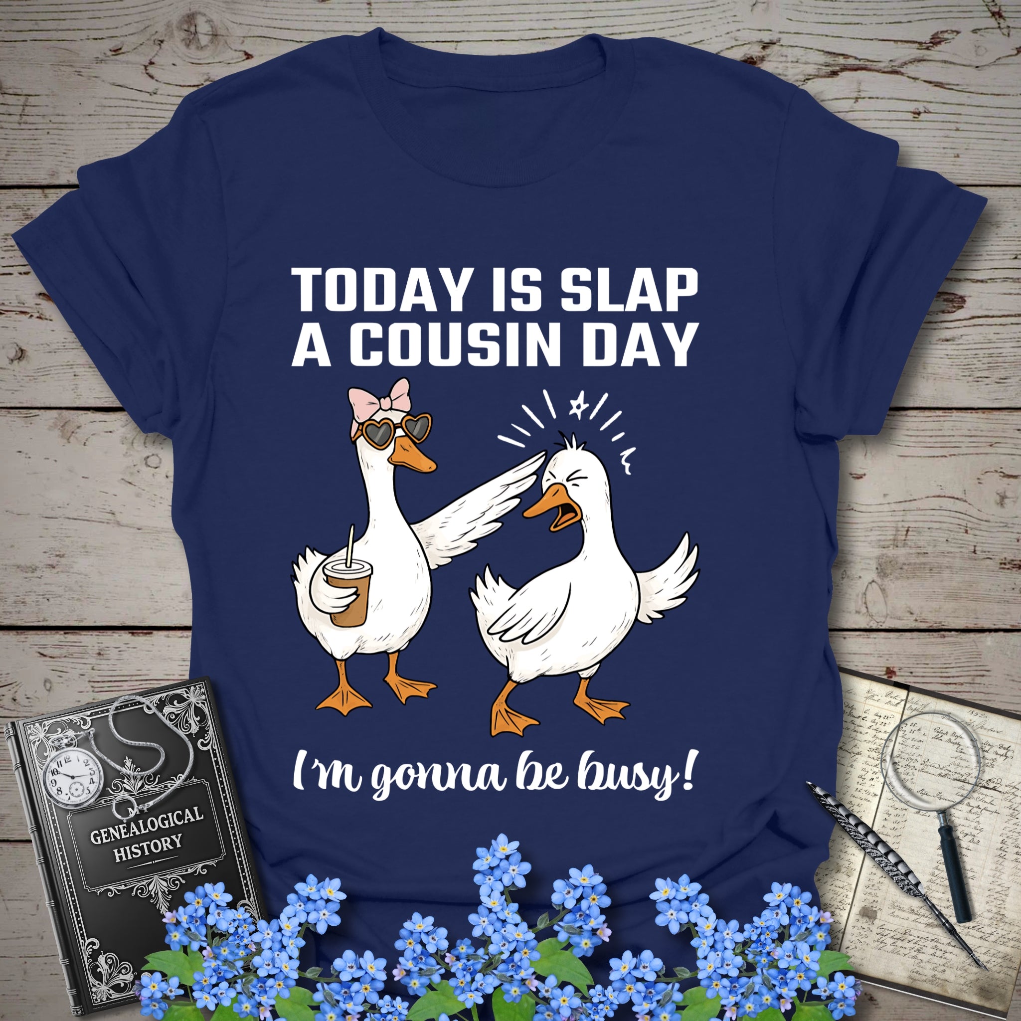 Today Is Slap A Cousin Day T-Shirt in Navy by Genealogy Keepsakes