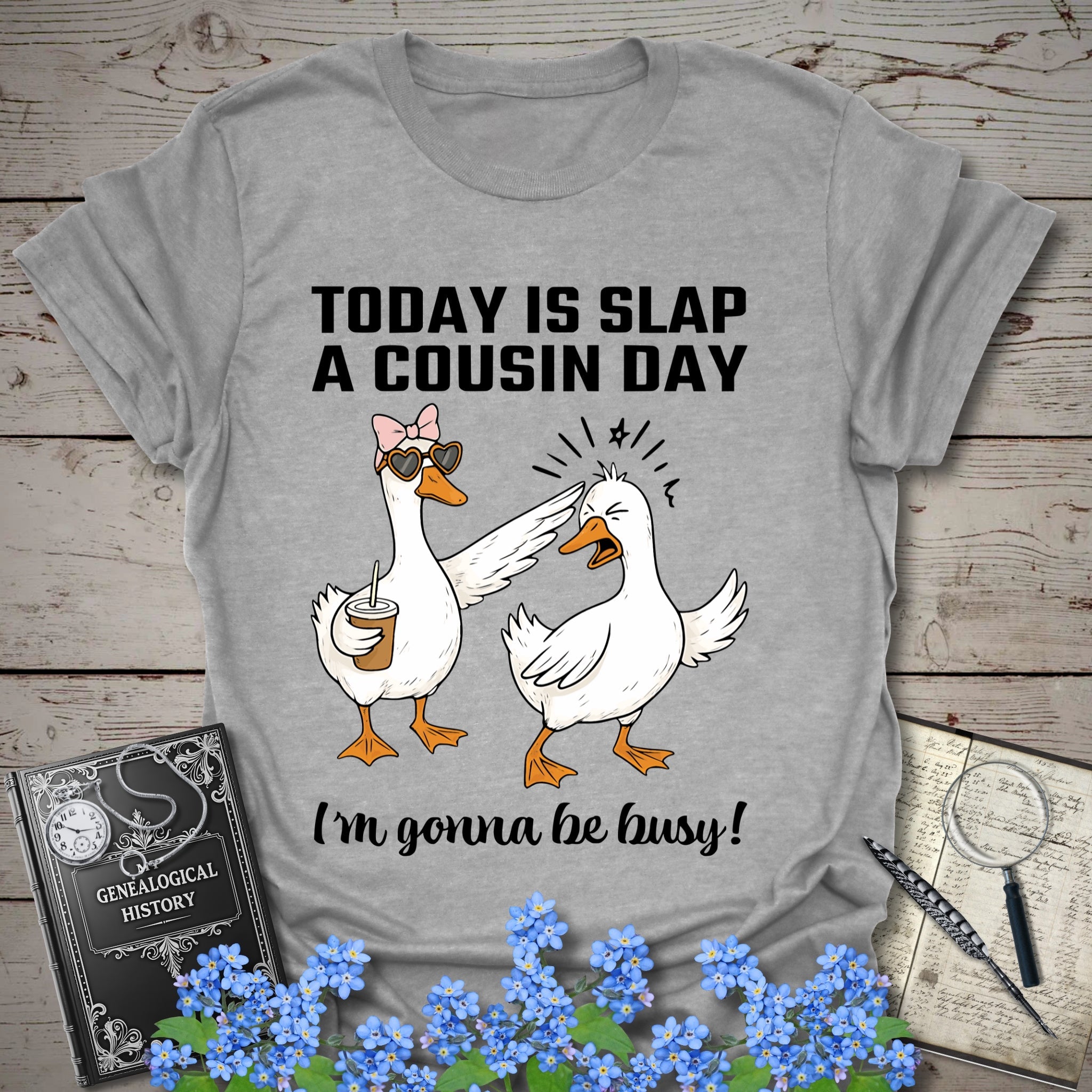 Today Is Slap A Cousin Day T-Shirt in Sport Grey by Genealogy Keepsakes