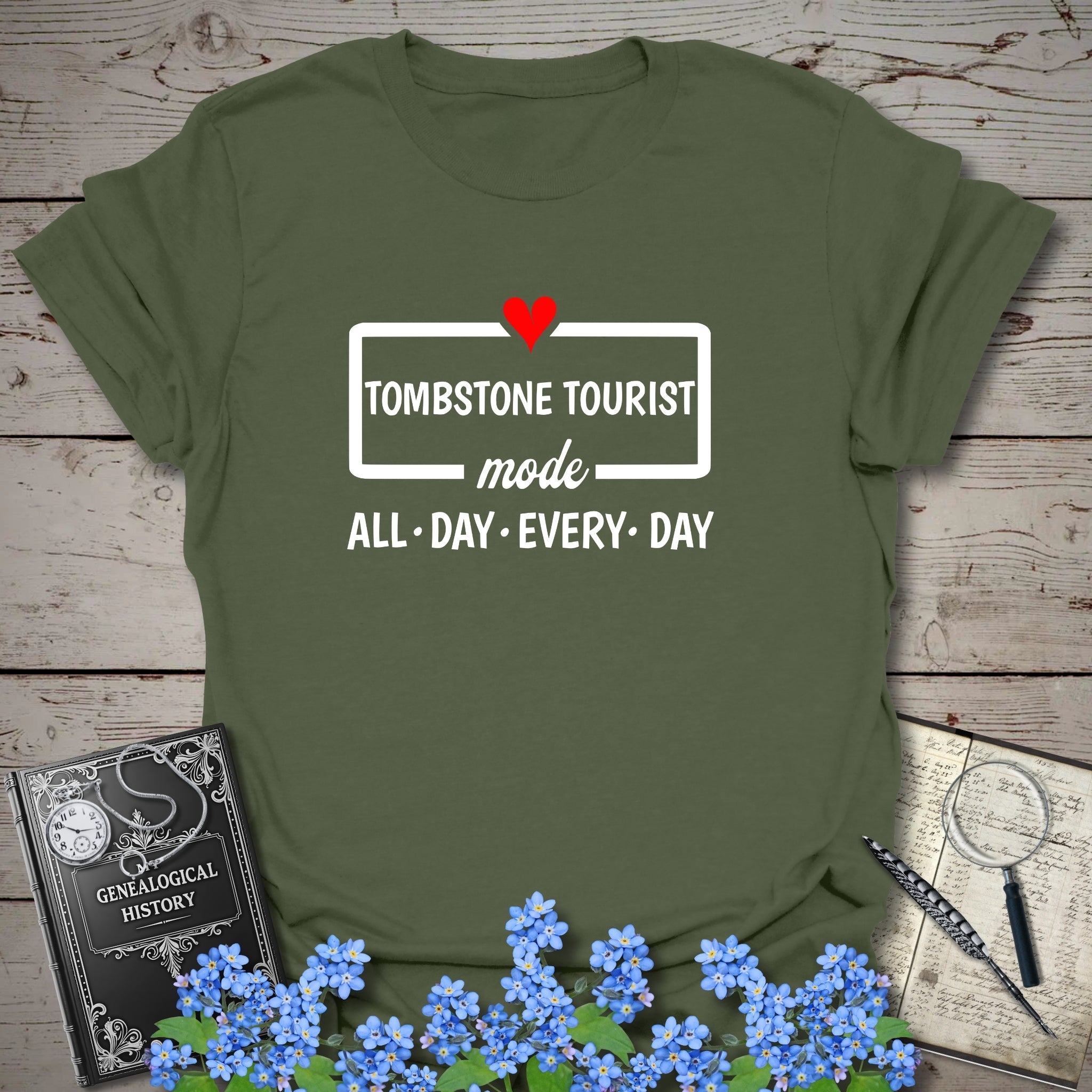 Tombstone Tourist Mode T-Shirt in Military Green by Genealogy Keepsakes