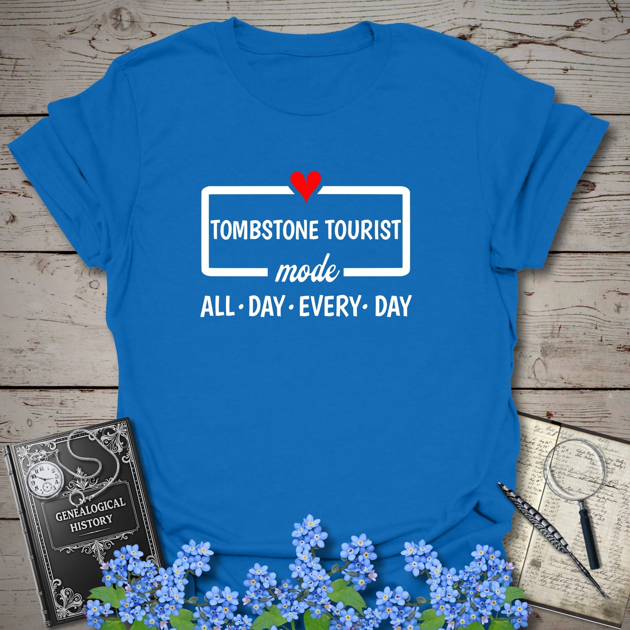 Tombstone Tourist Mode T-Shirt in Royal by Genealogy Keepsakes