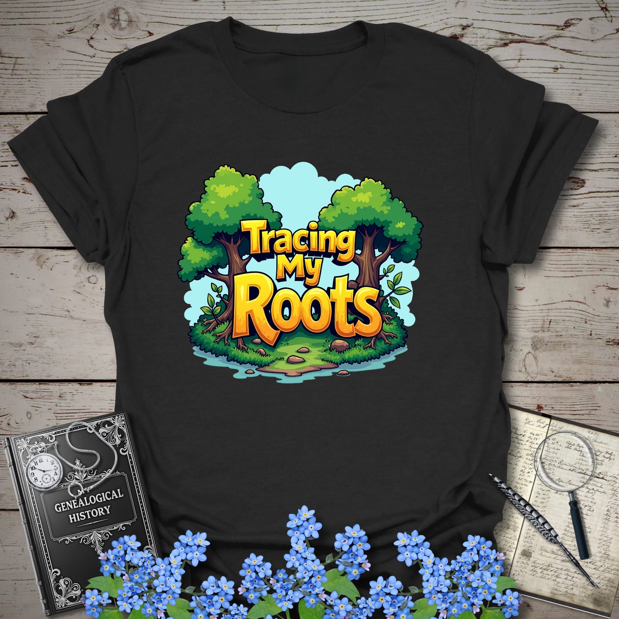 Tracing My Roots T-Shirt in Black by Genealogy Keepsakes