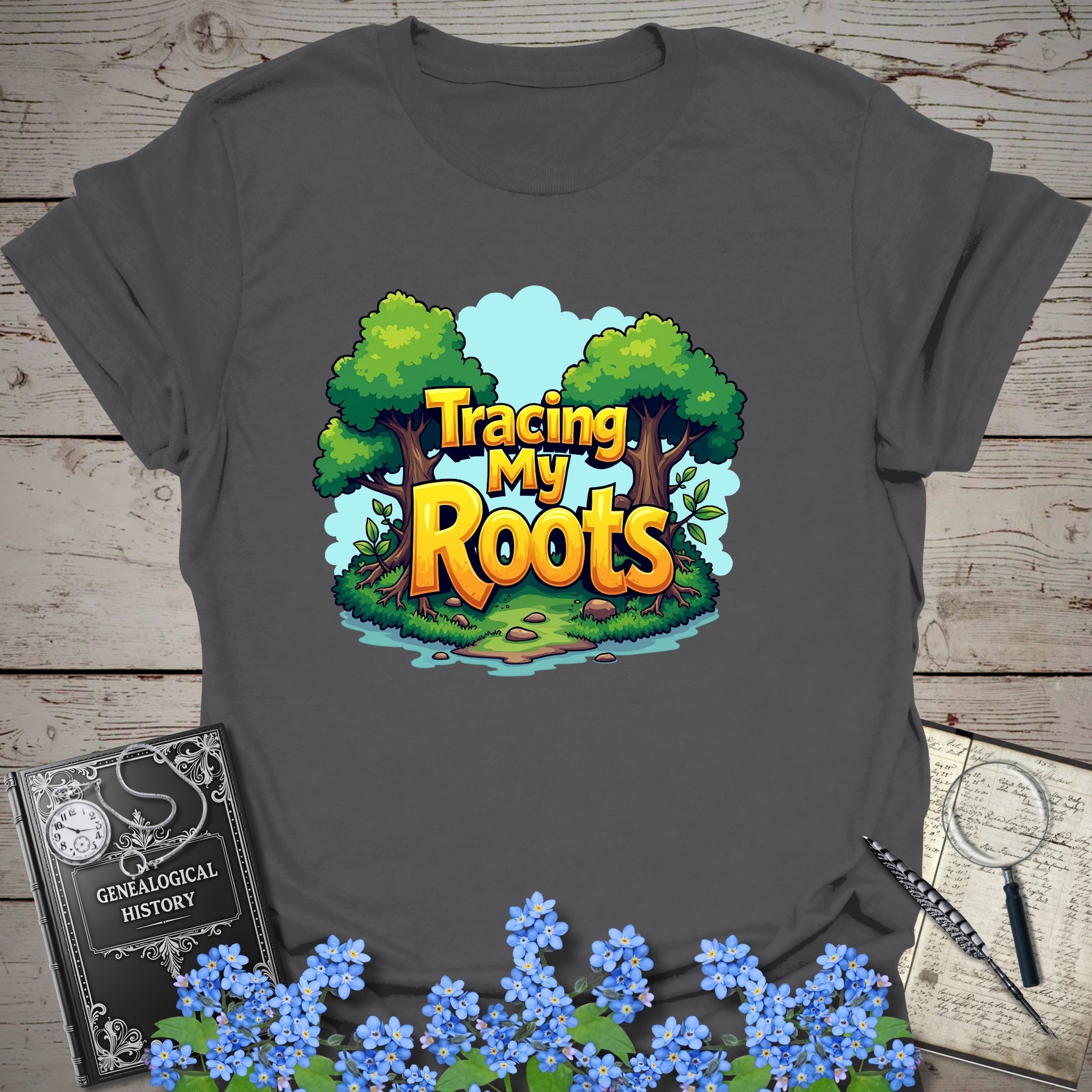 Tracing My Roots T-Shirt in Charcoal by Genealogy Keepsakes