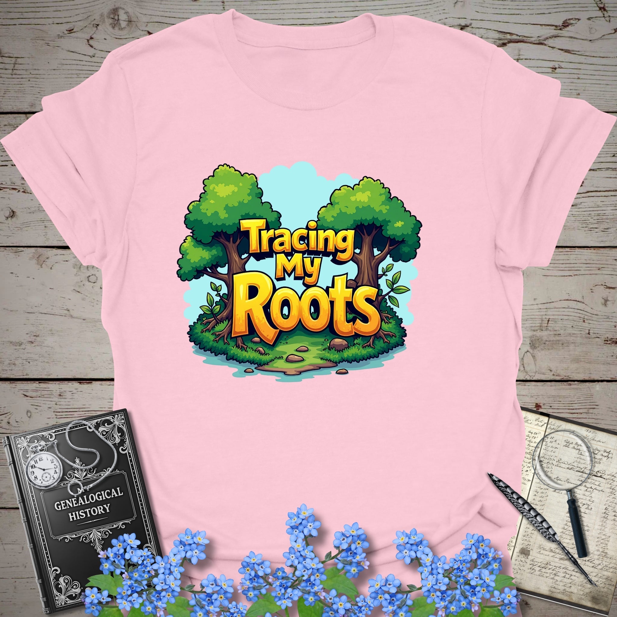 Tracing My Roots T-Shirt in Light Pink by Genealogy Keepsakes