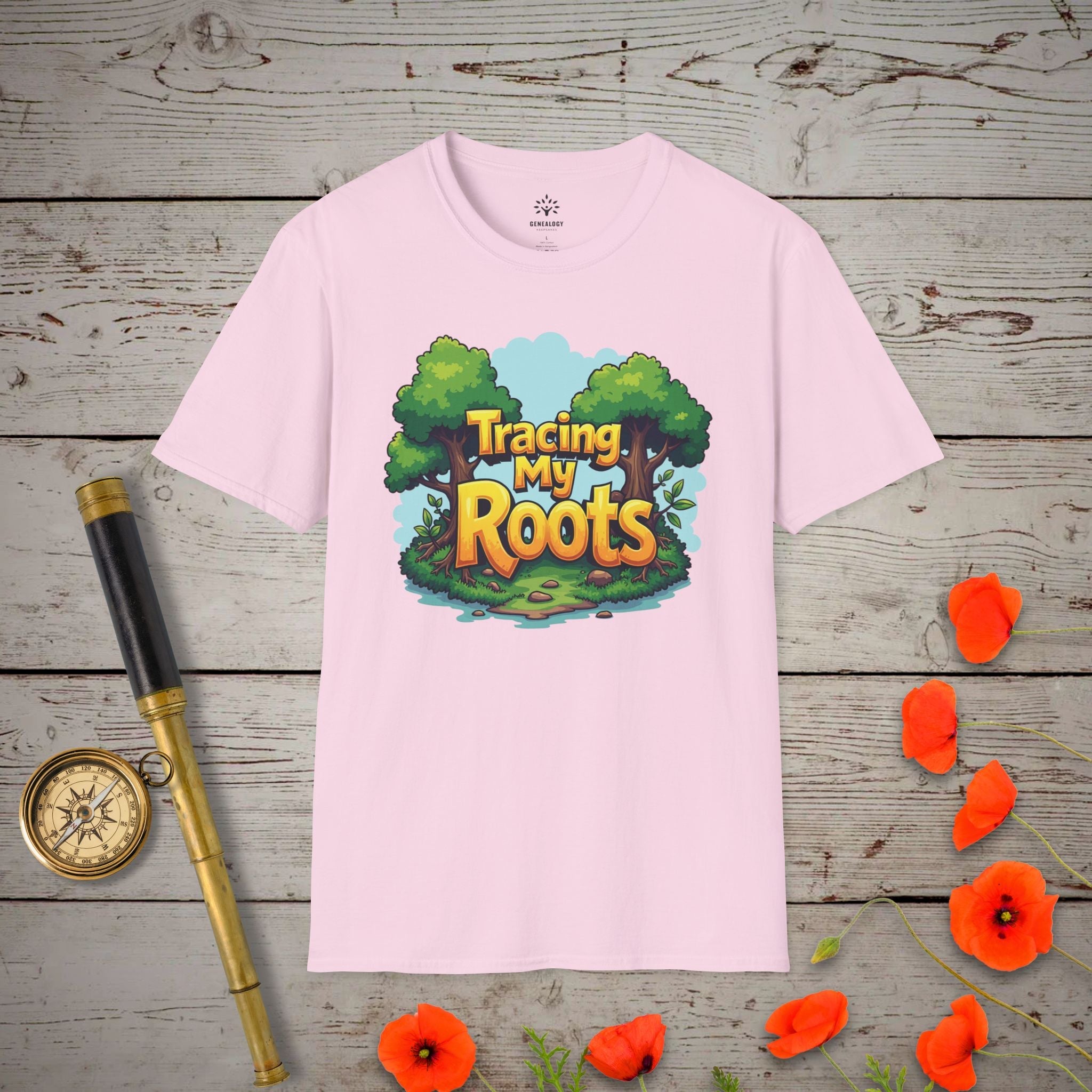 Tracing My Roots T-Shirt in Light Pink by Genealogy Keepsakes