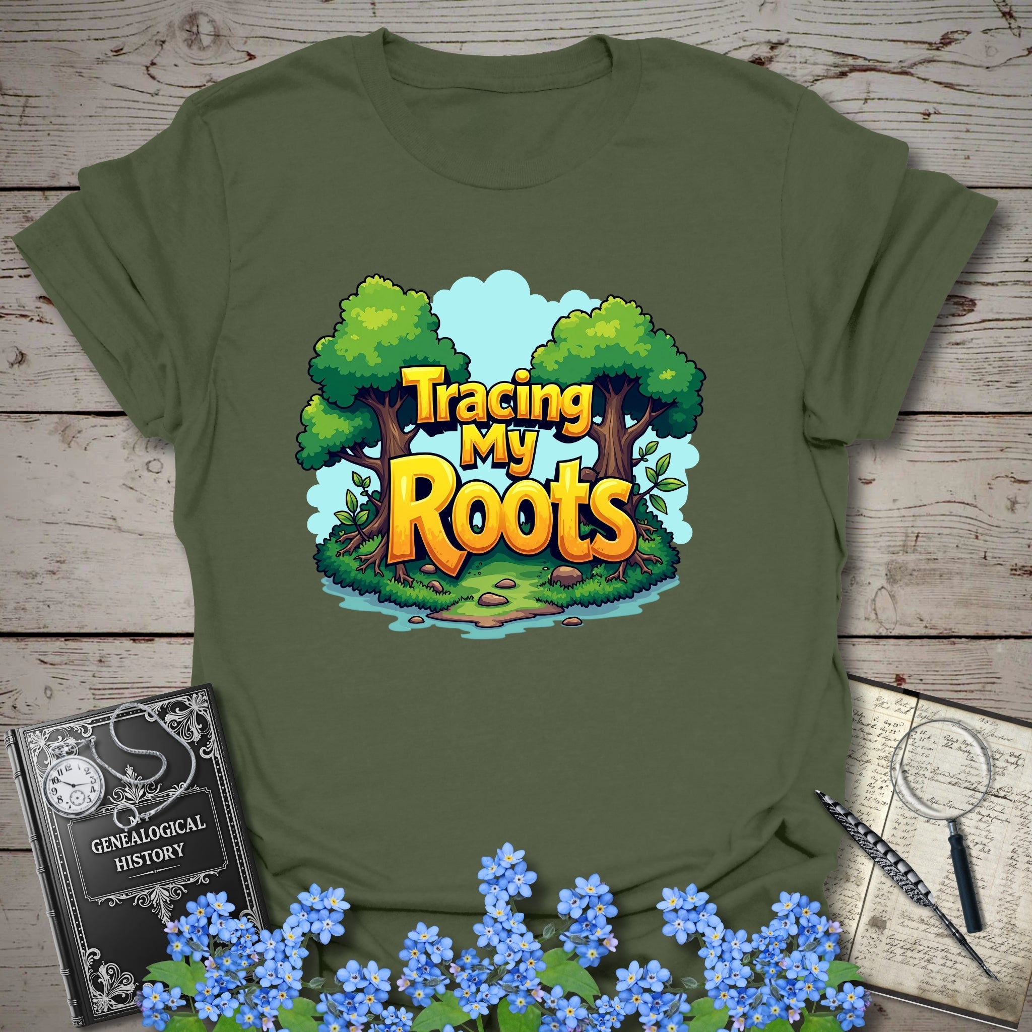 Tracing My Roots T-Shirt in Military Green by Genealogy Keepsakes