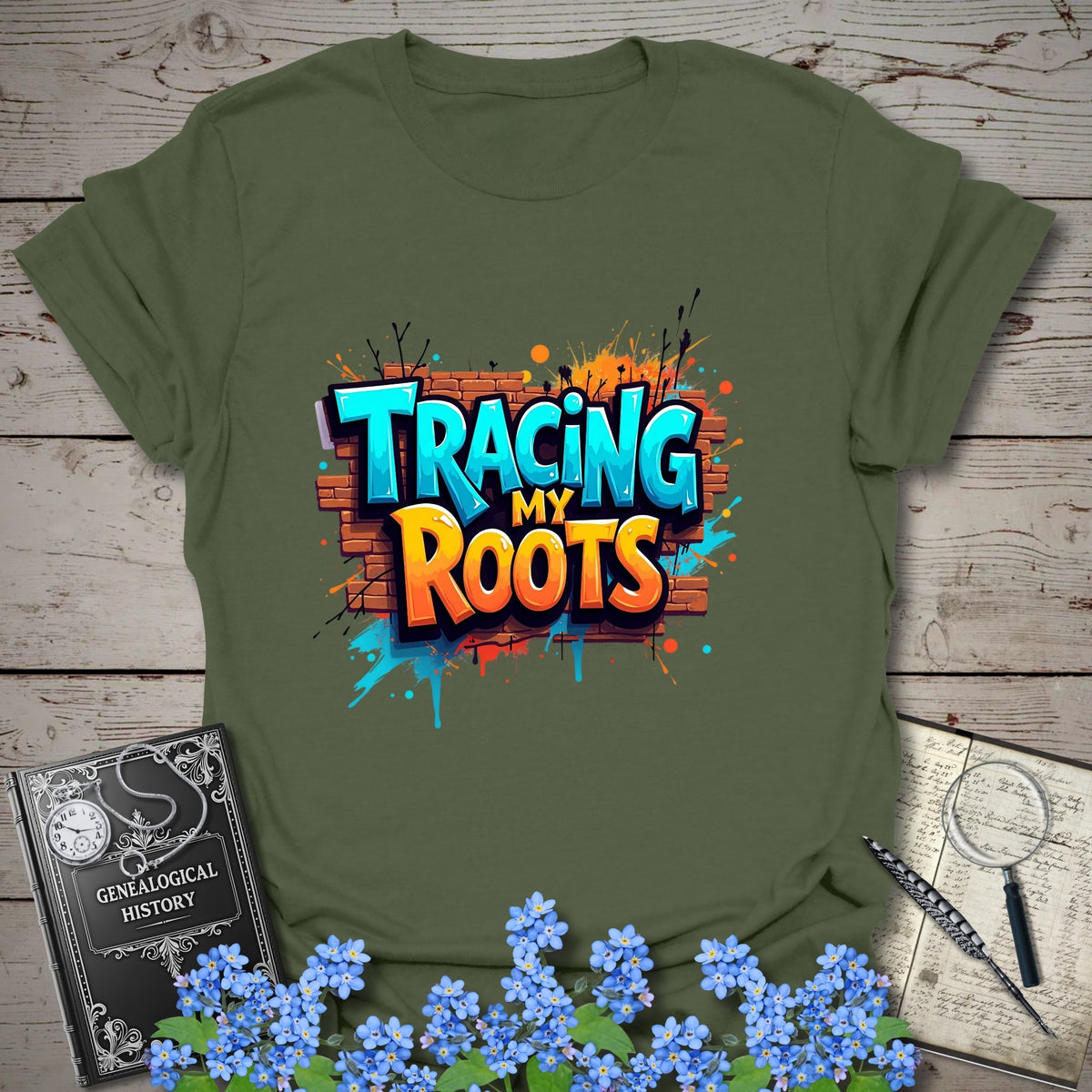 Tracing My Roots T-Shirt - Genealogy Keepsakes Custom Genealogy Gift - Military Green S